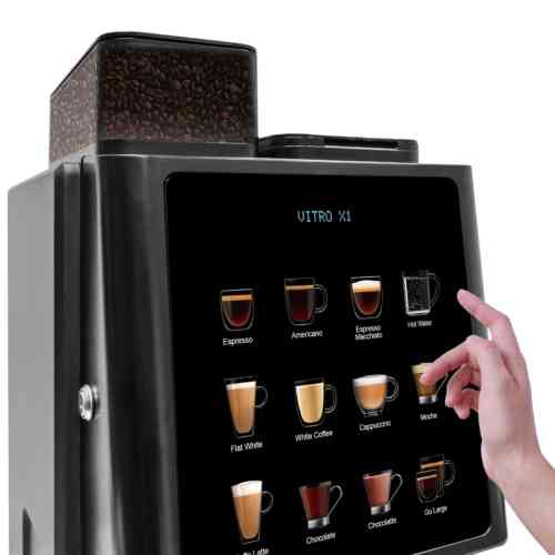 Coffee machine with a touch screen interface displaying various coffee options.