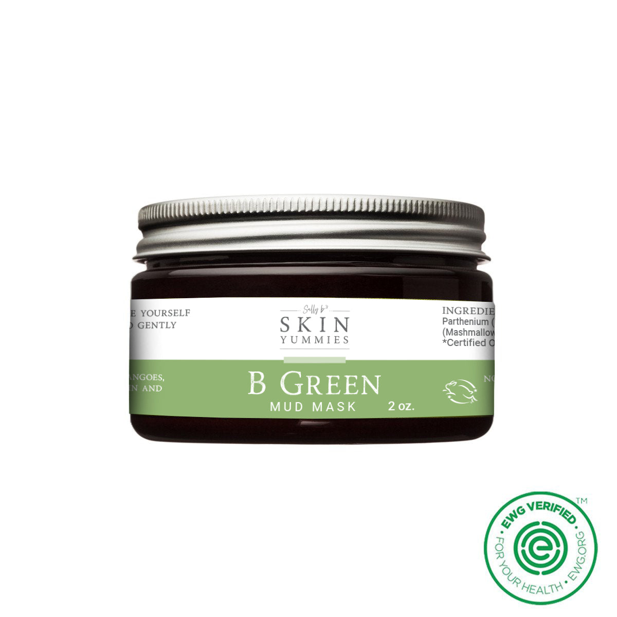 B Green mud mask jar with Skin Yummies branding on a white background