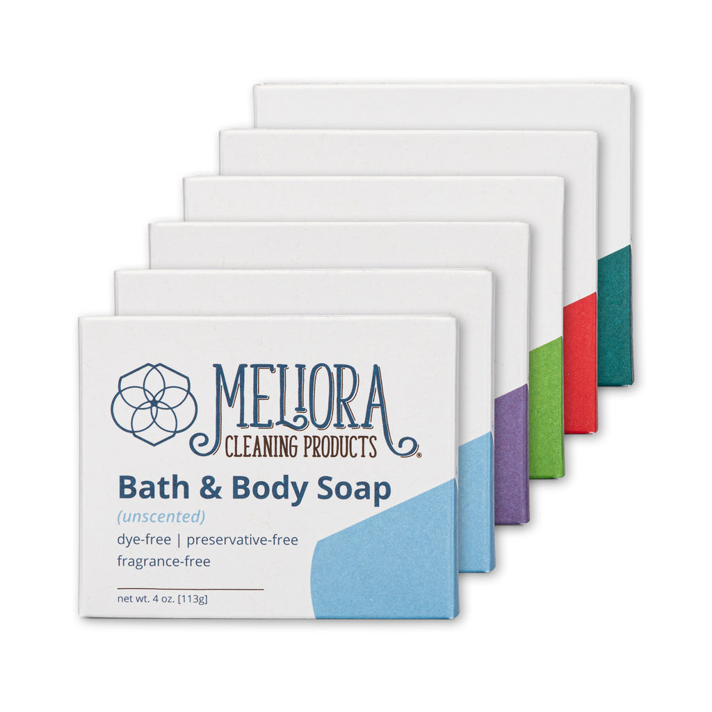Pack of Meliora Bath & Body Soap bars on a white background
