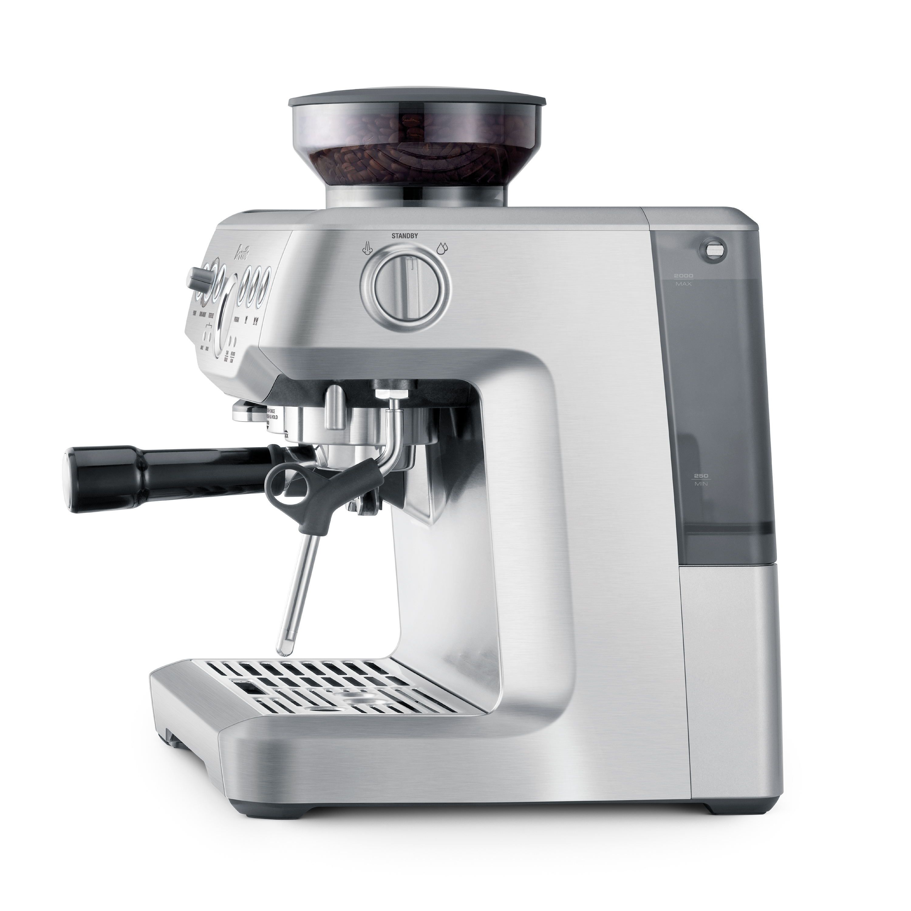 Silver espresso machine on a white background