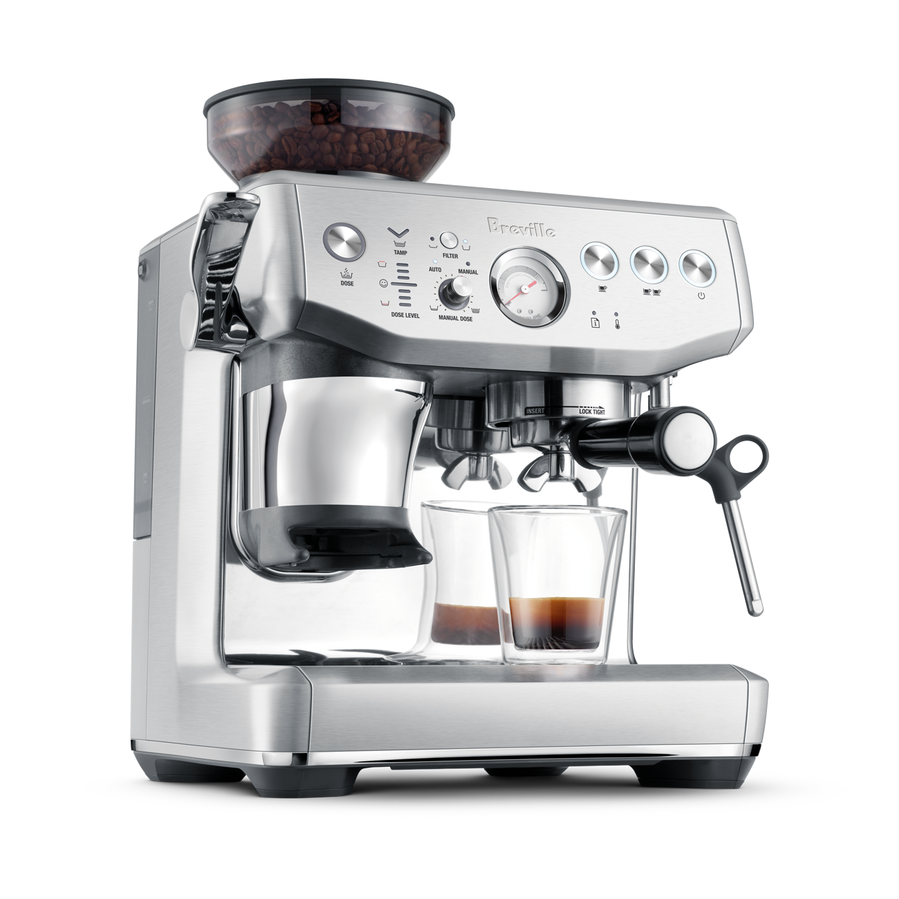 Silver espresso machine with two glasses of coffee on a white background