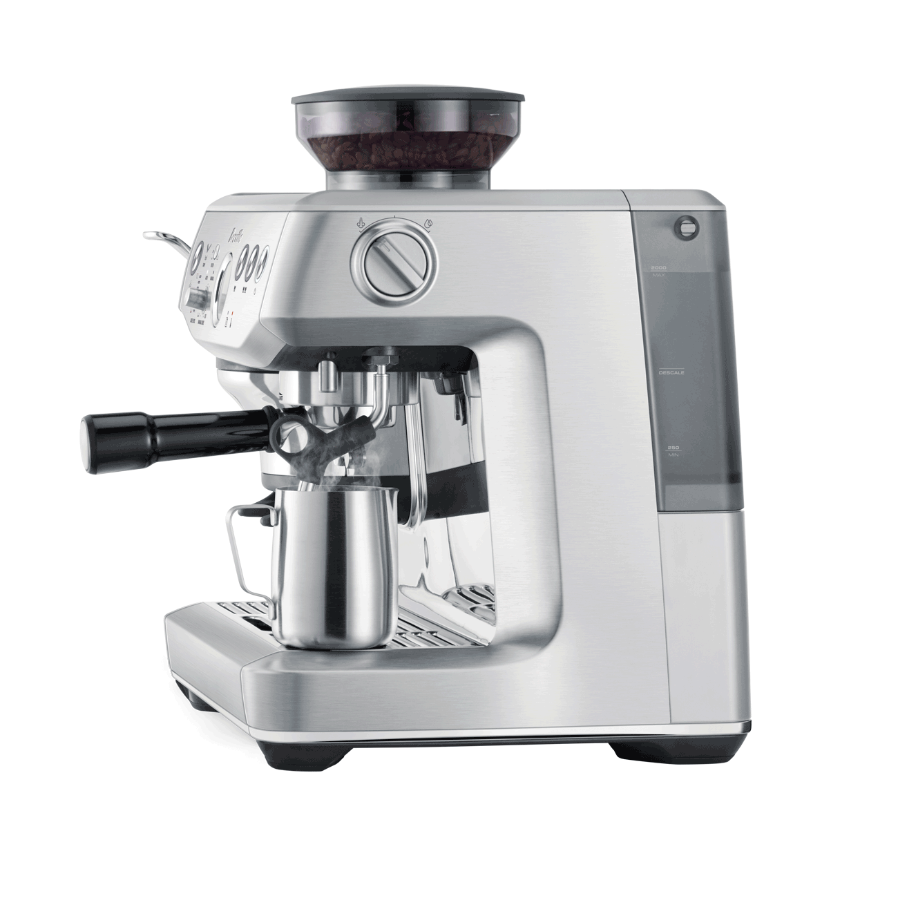 Silver espresso machine on a white background