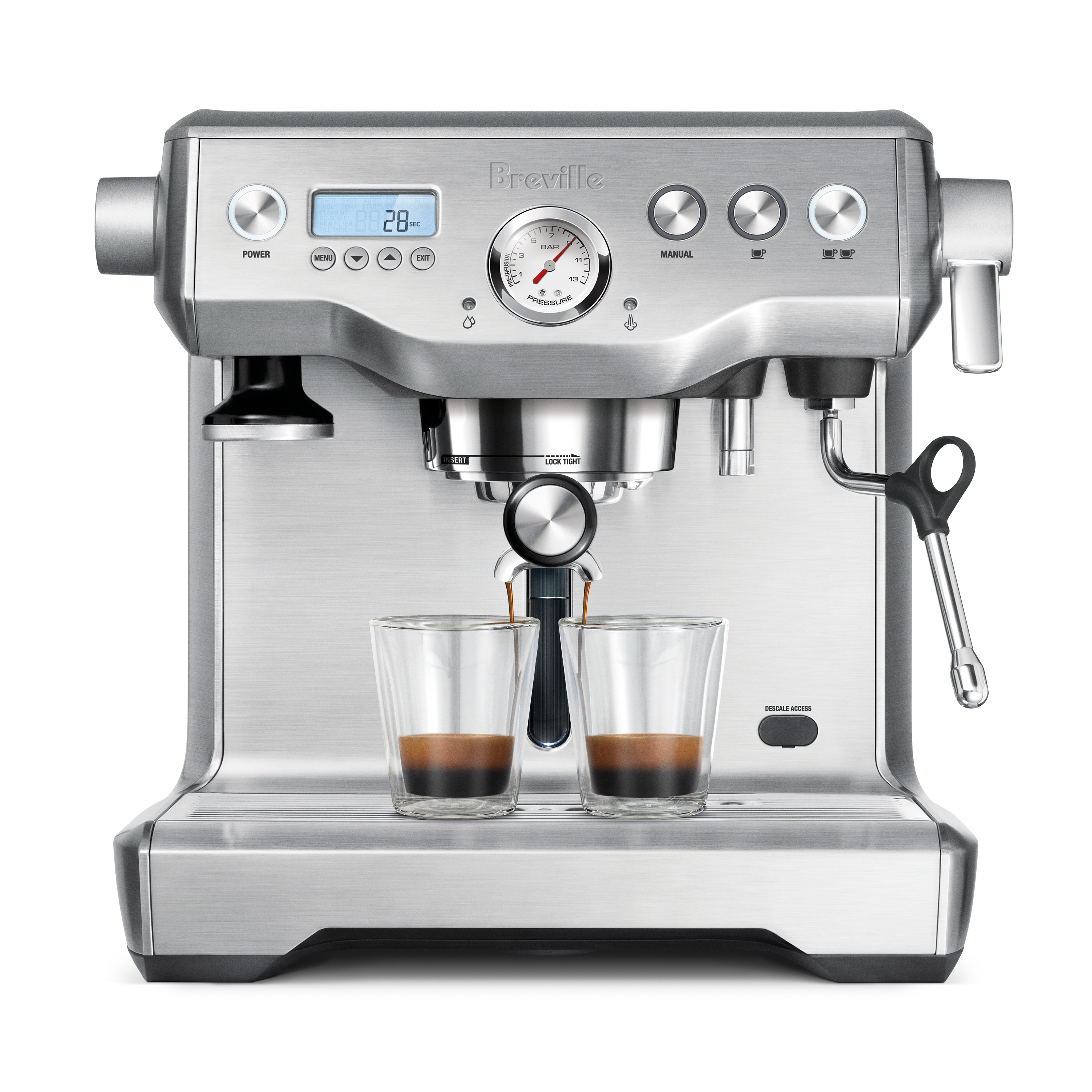 Breville espresso machine with two cups of coffee on a white background