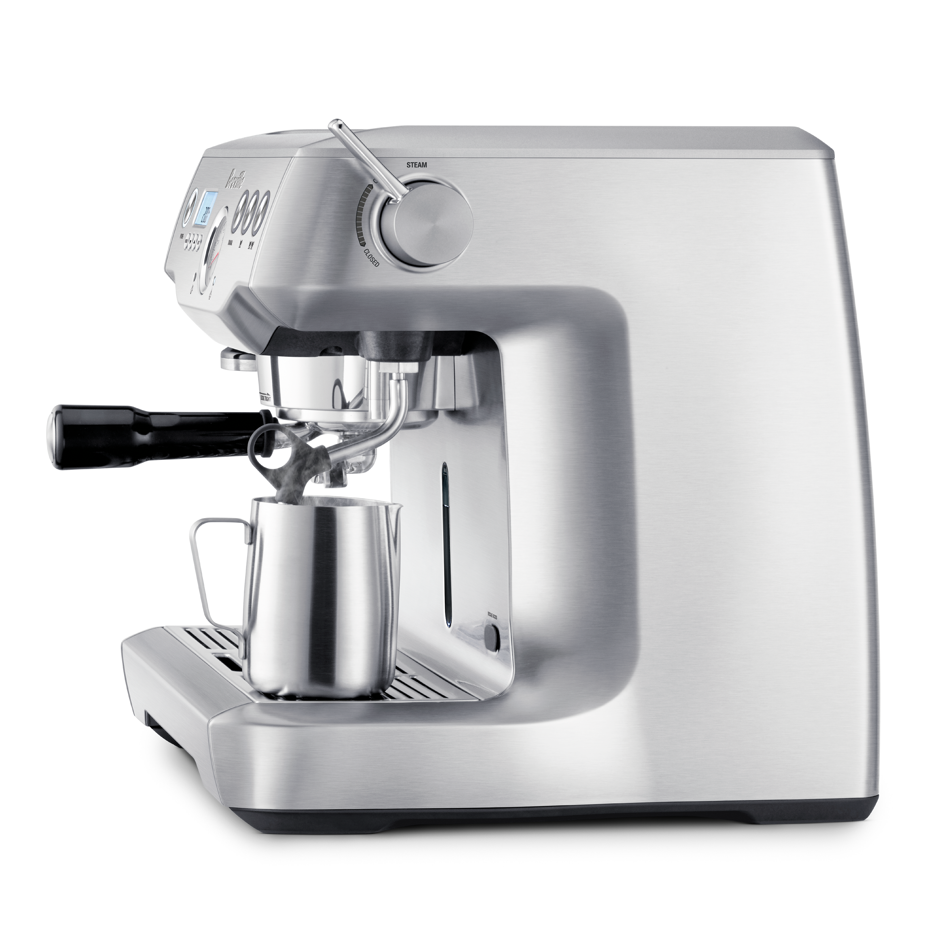 Silver espresso machine on a white background