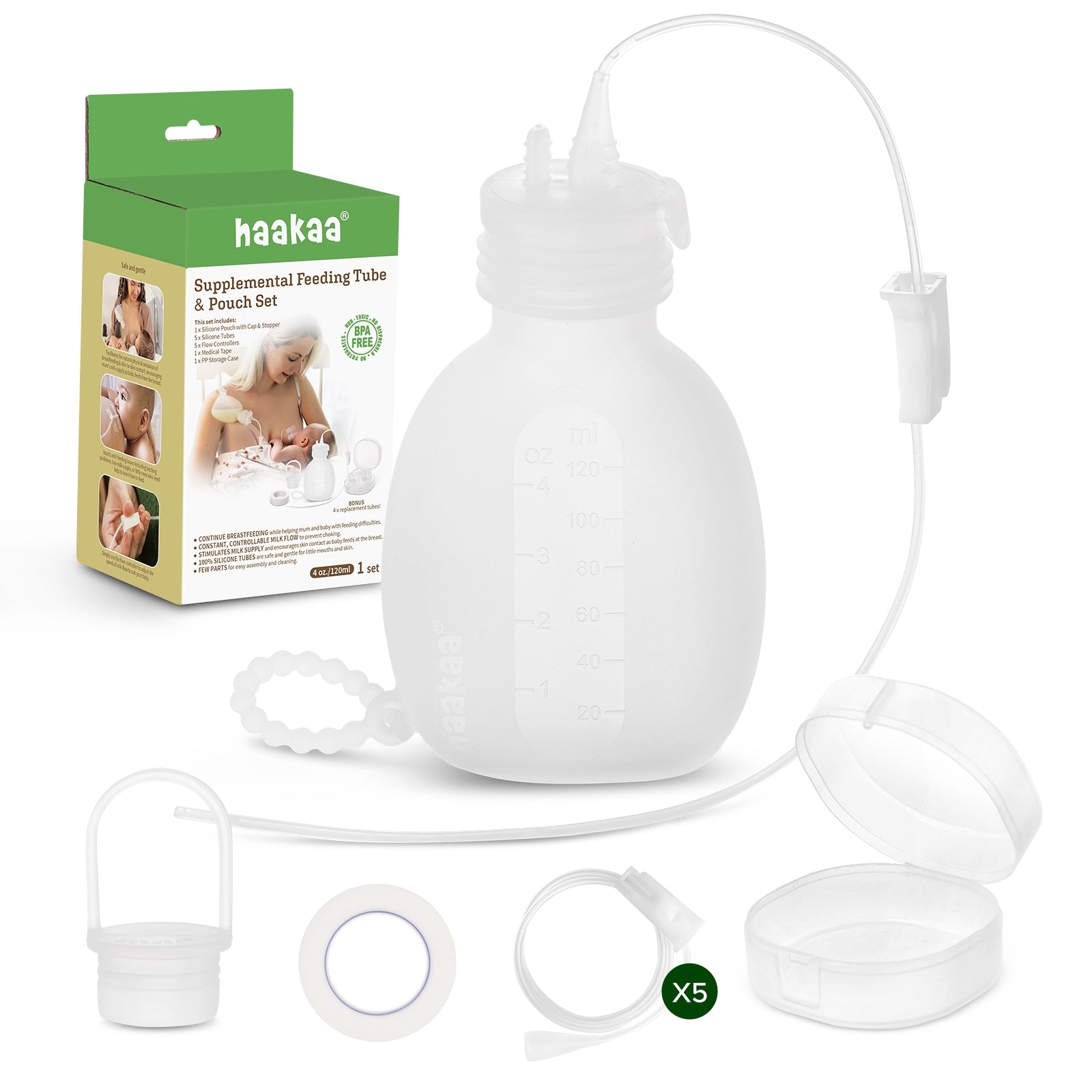 Haakaa supplemental feeding tube and pouch set with packaging on a white background