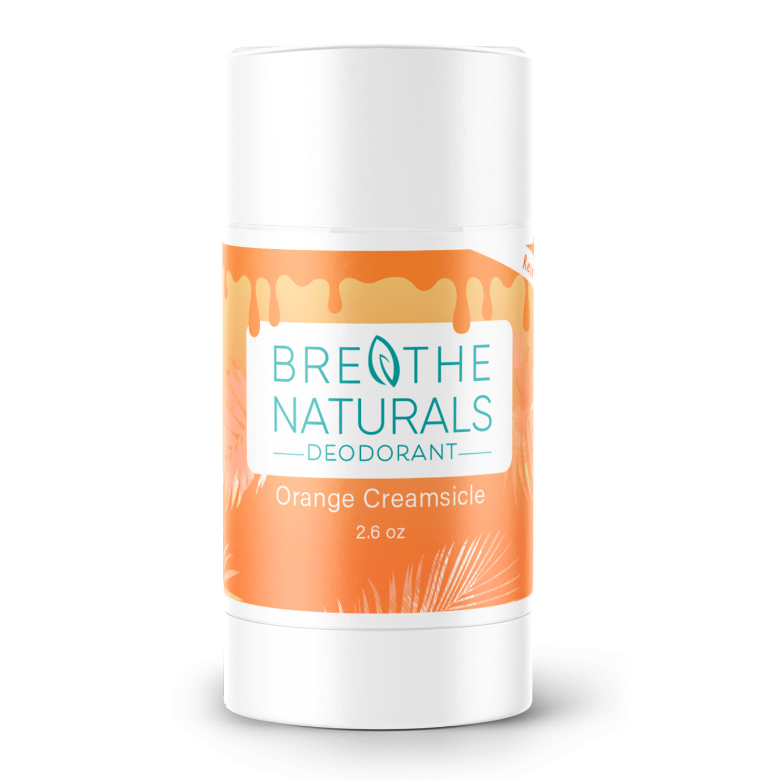 Deodorant stick with 'Breathe Naturals' branding on an orange and white label.