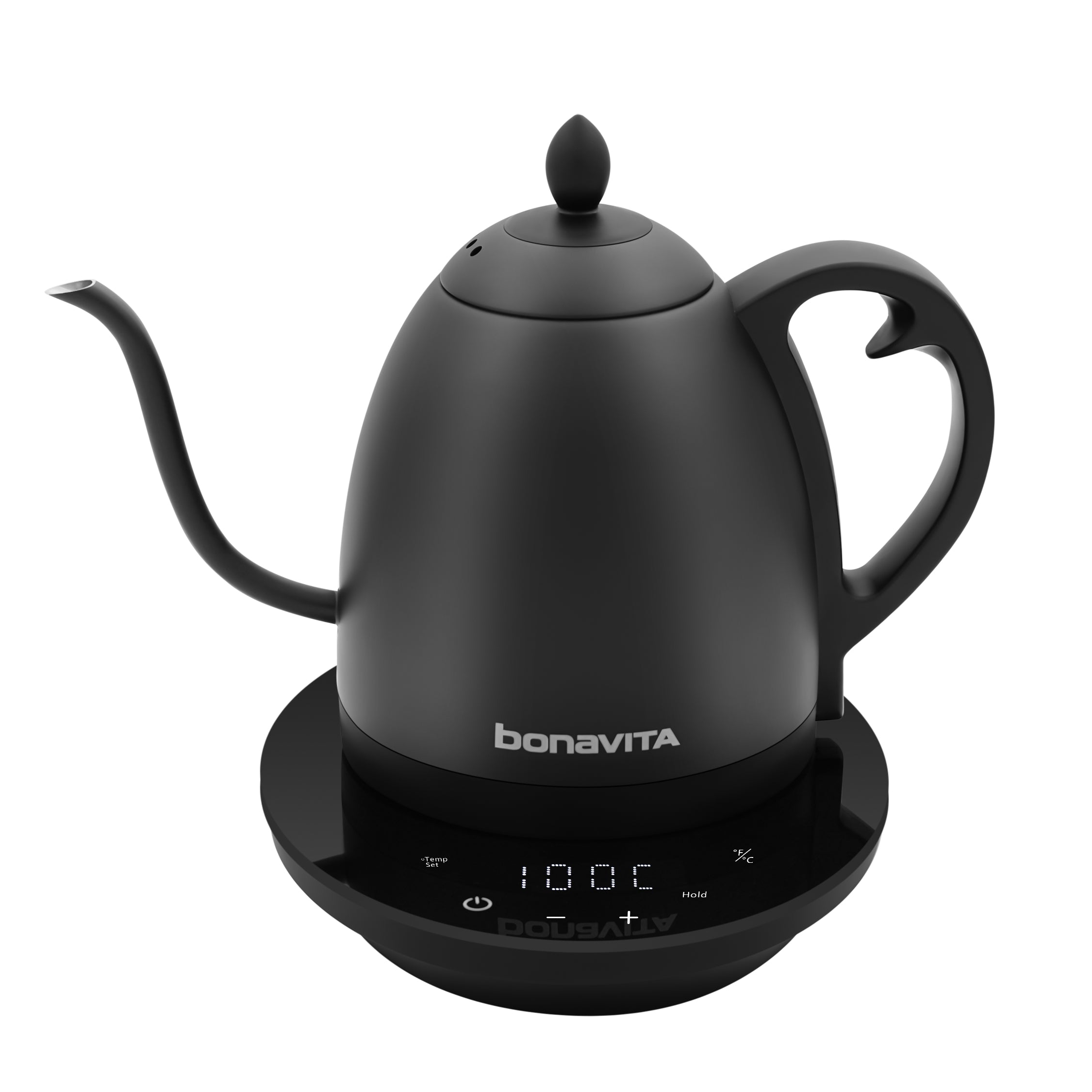 Black electric kettle with digital display on a white background, featuring the brand 'bonavita'.