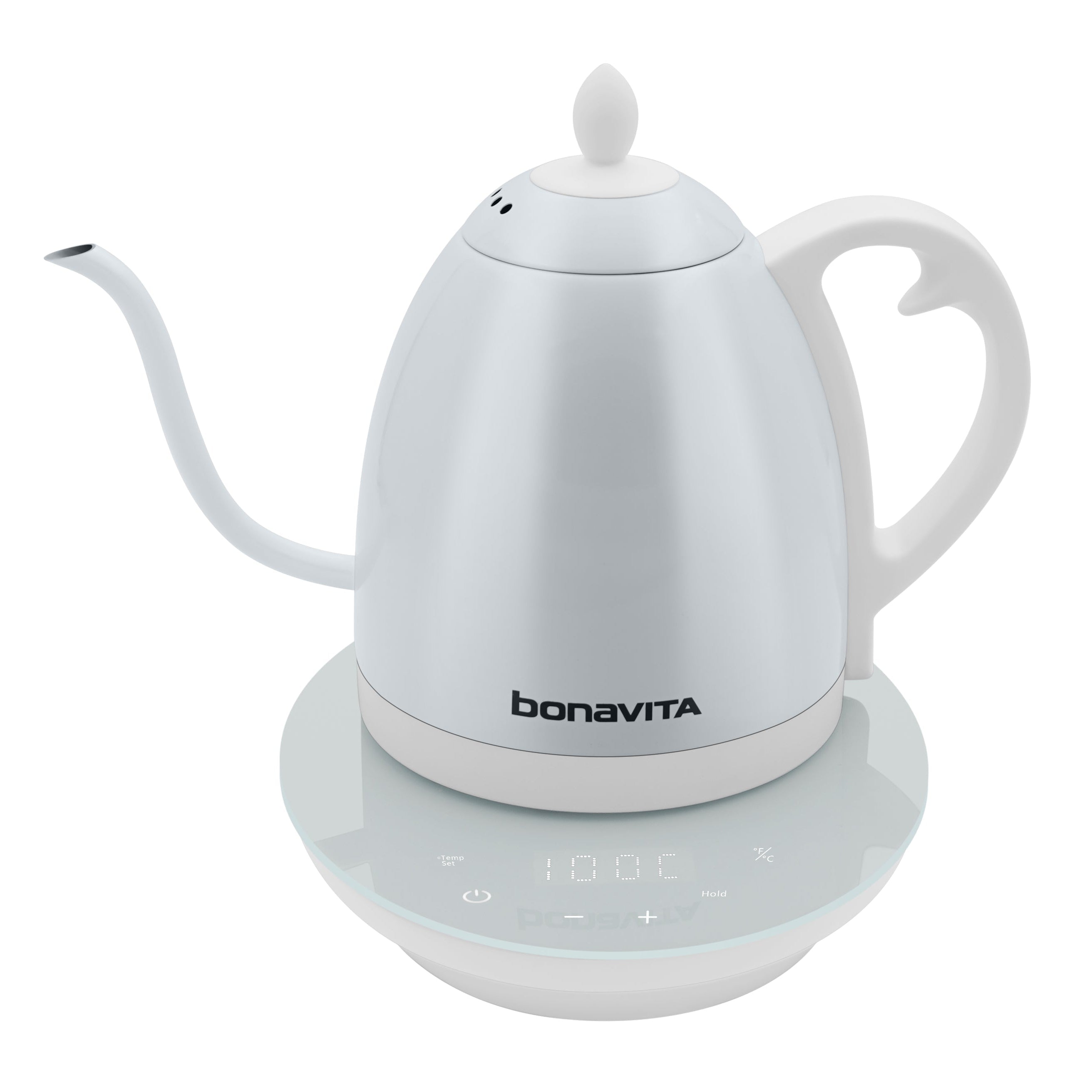 White electric kettle with digital display on a white background, featuring the brand 'bonavita'.