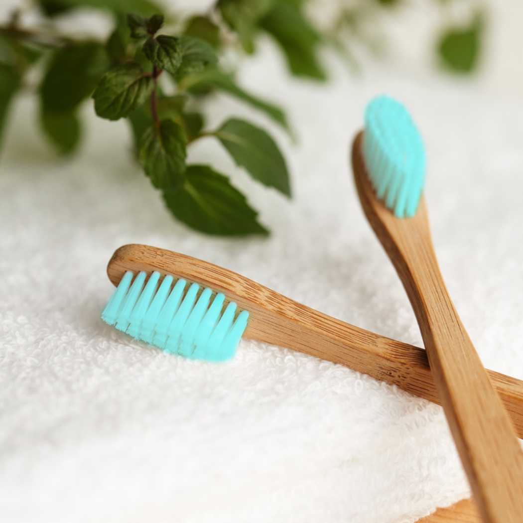 Two bamboo toothbrushes with turquoise bristles on a white surface with green leaves in the background.