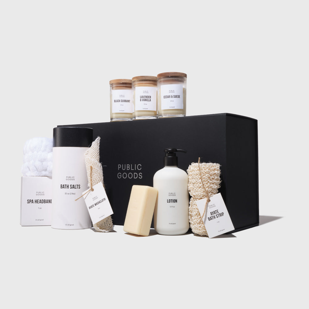 Collection of bath and body products from Public Goods on a light gray background