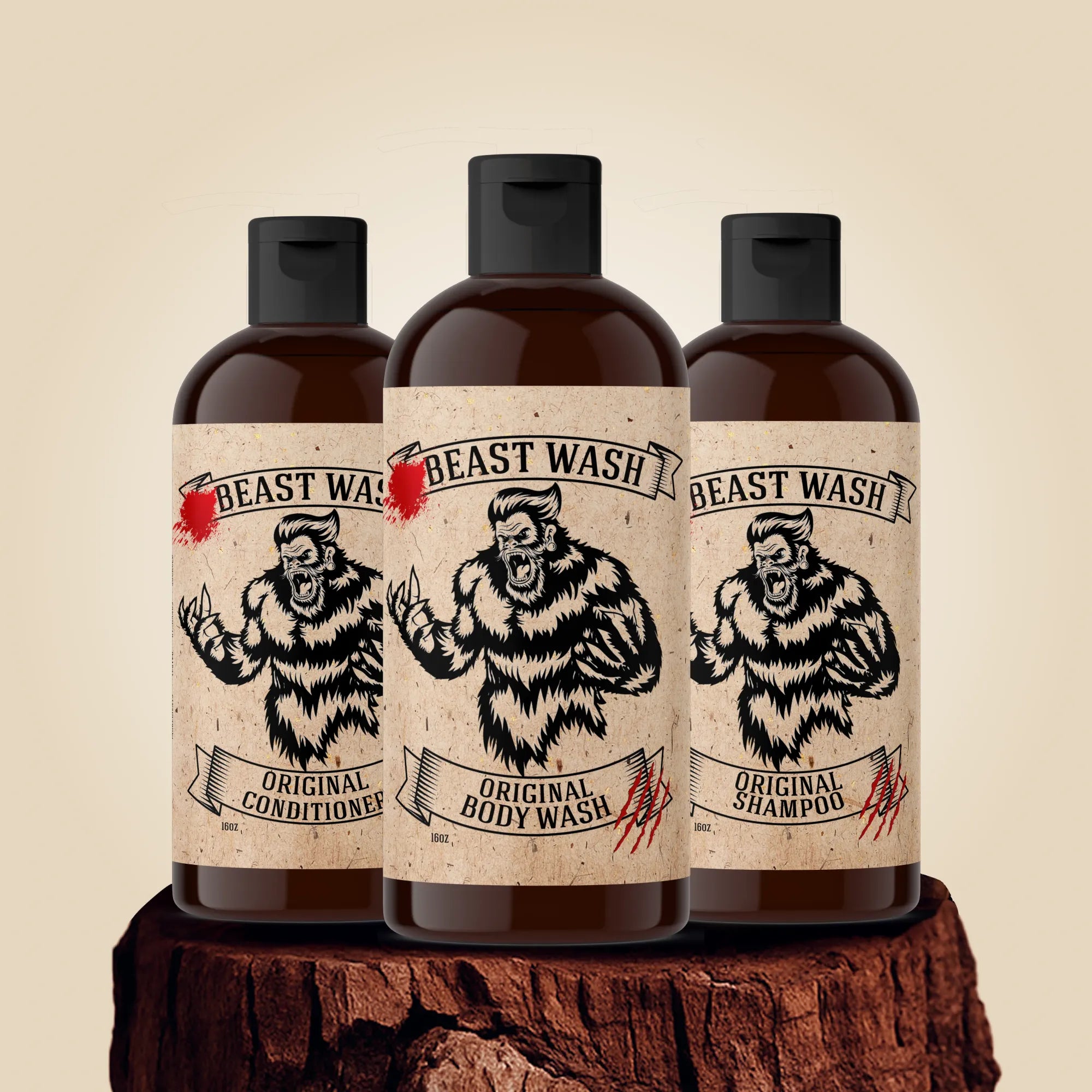 Three 'Beast Wash' bottles on a wooden block with a beige background