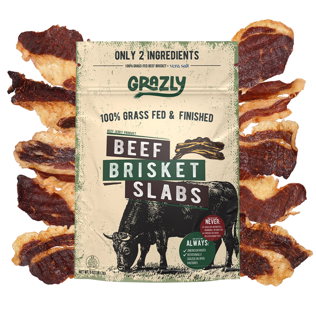 Grazly Beef Brisket Slabs packaging with beef slabs on a white background
