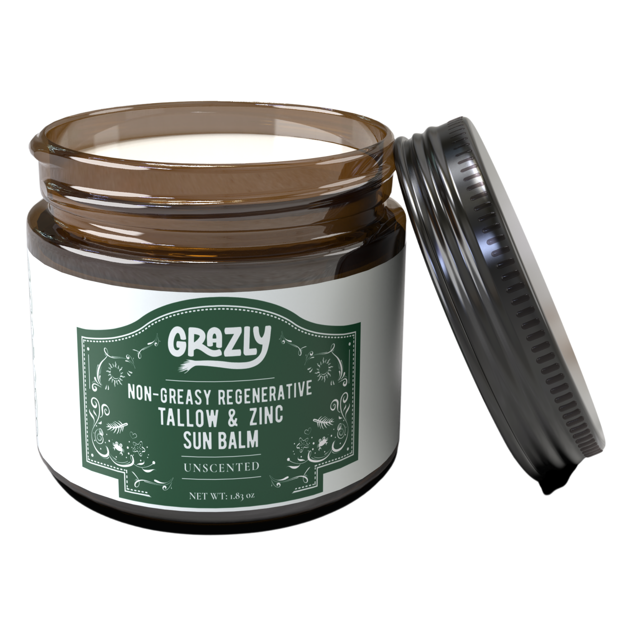 Grazly sun balm jar with open lid on a white background