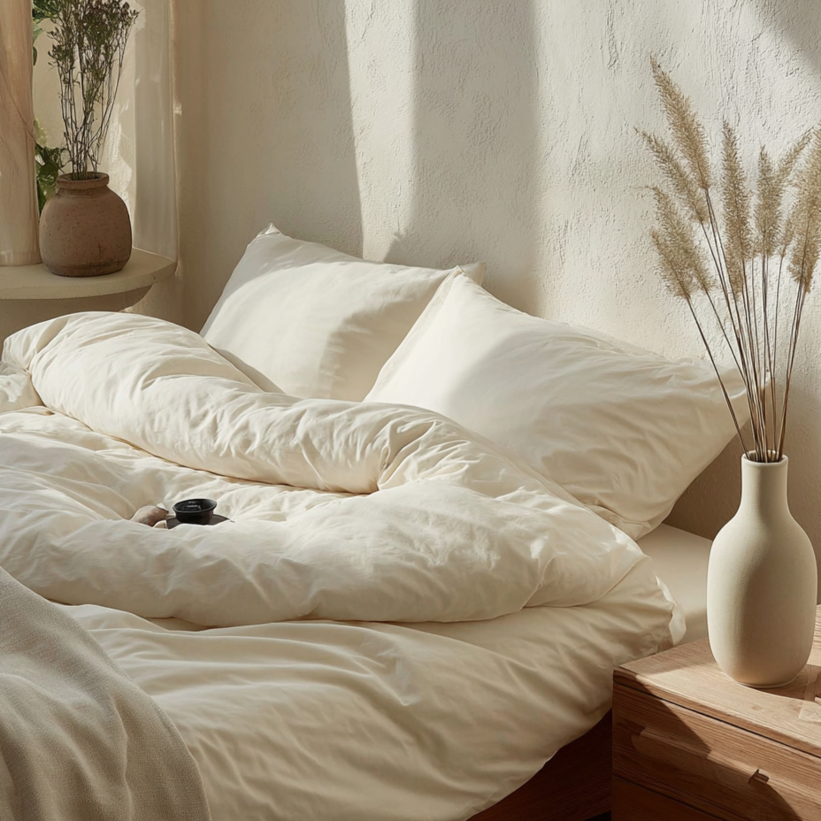 Neatly made bed with white bedding in a softly lit room.