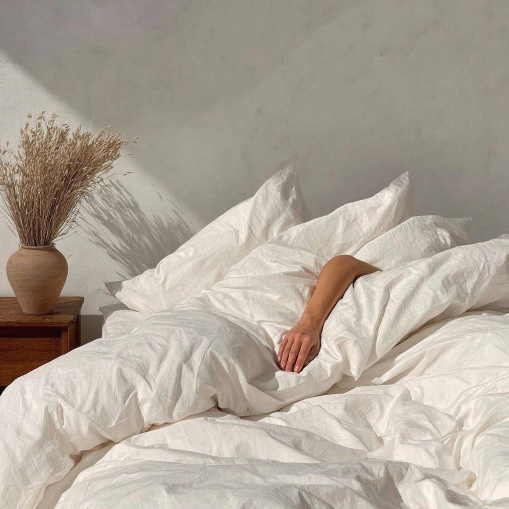 Person lying in bed under white duvet with a neutral wall and plant in the background