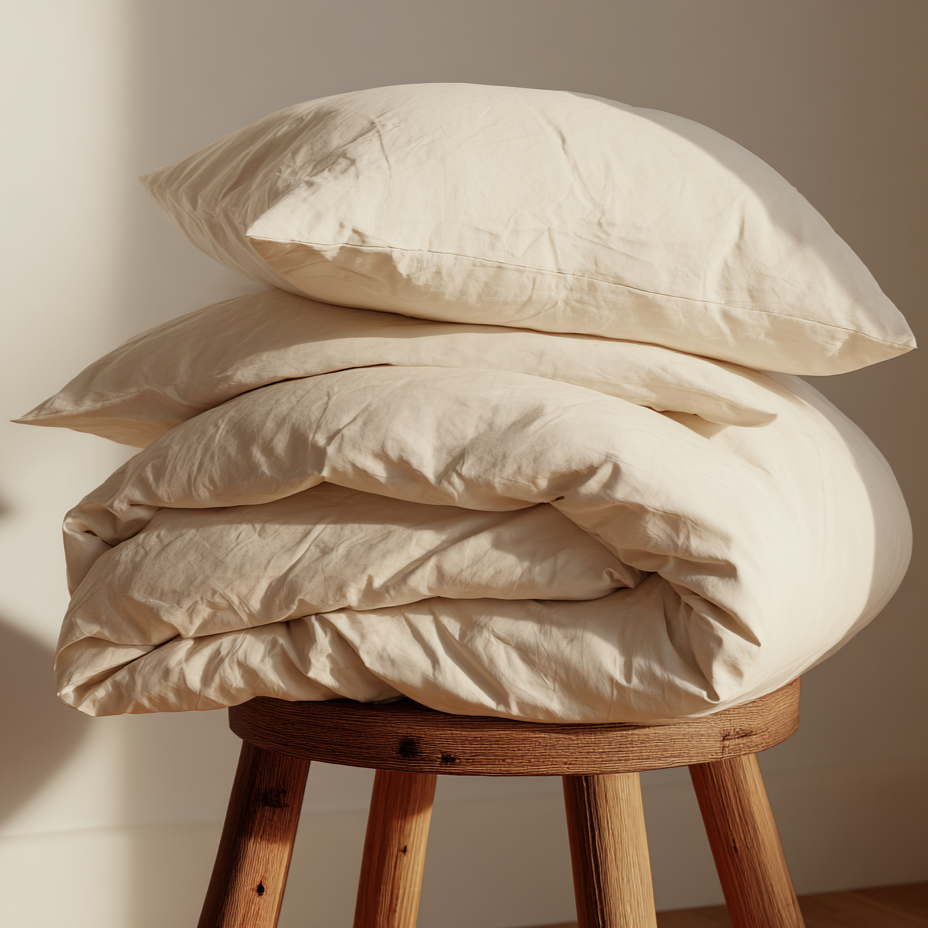 Beige duvet and pillows stacked on a wooden stool against a neutral wall.