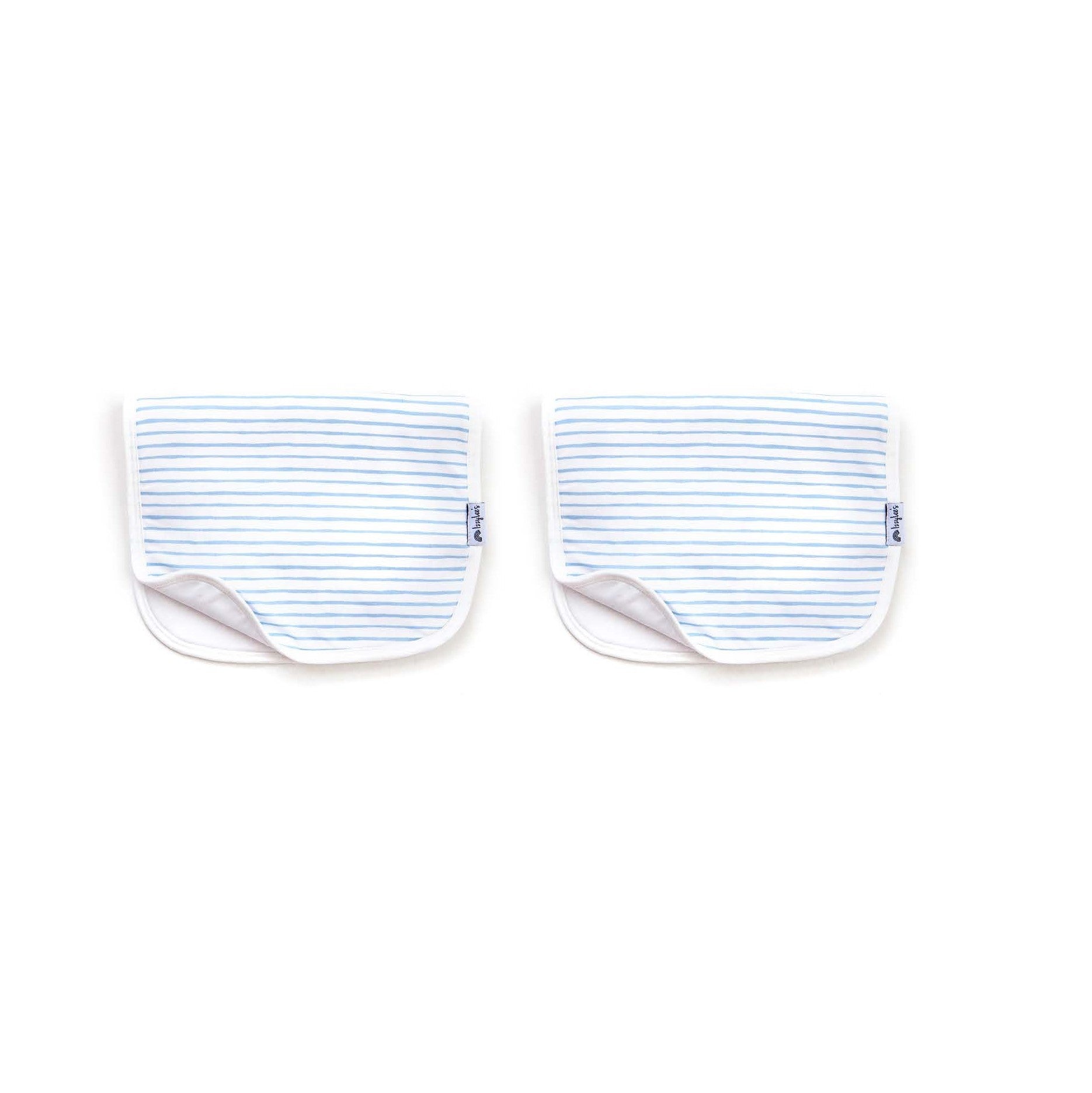 Two blue and white striped baby booties on a white background
