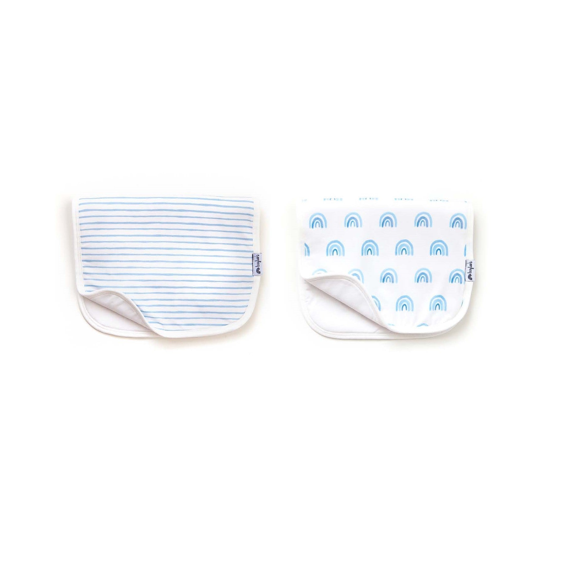 Two baby bibs with blue stripes and rainbow patterns on a white background