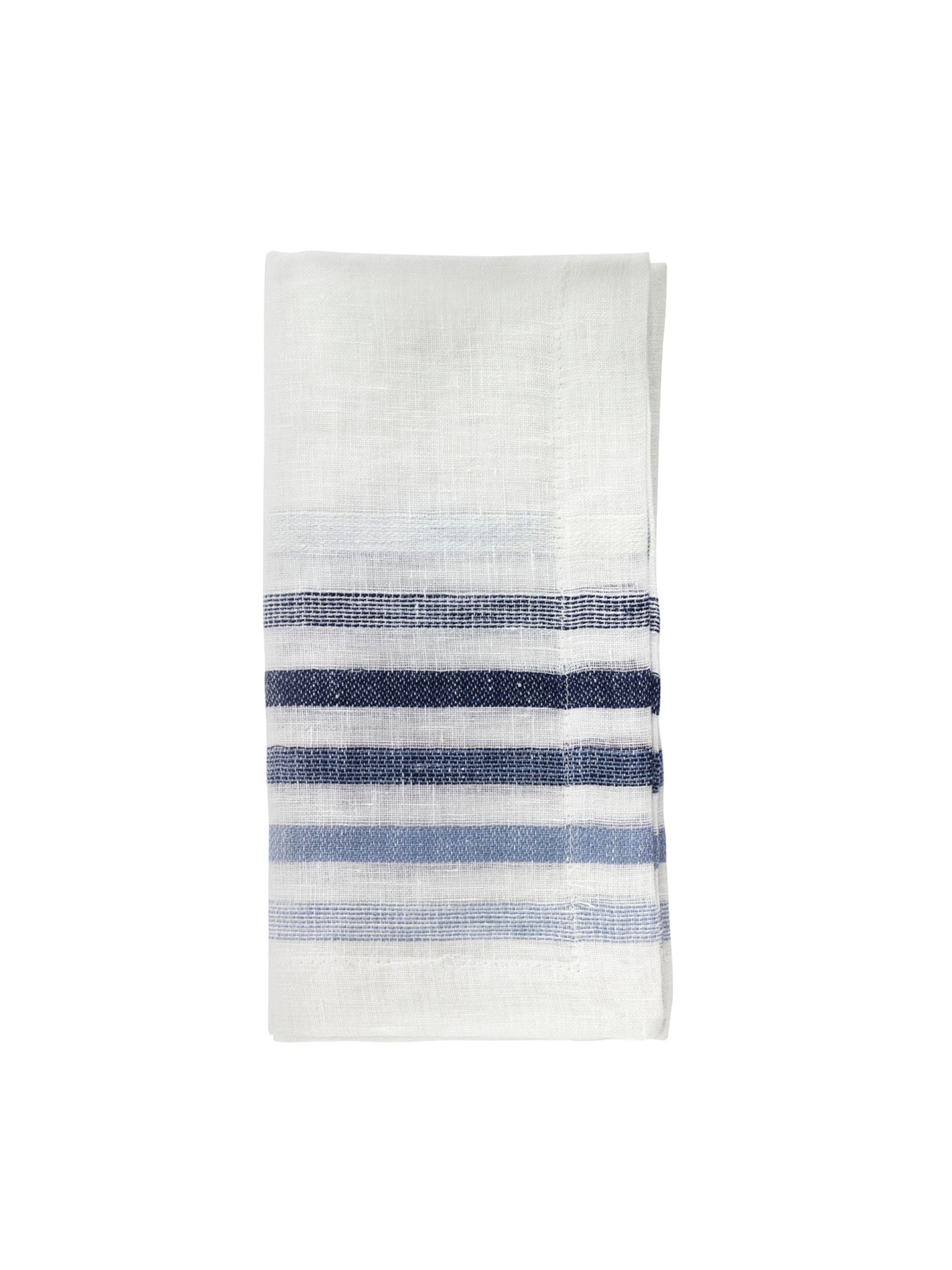 White towel with blue and gray horizontal stripes on a white background