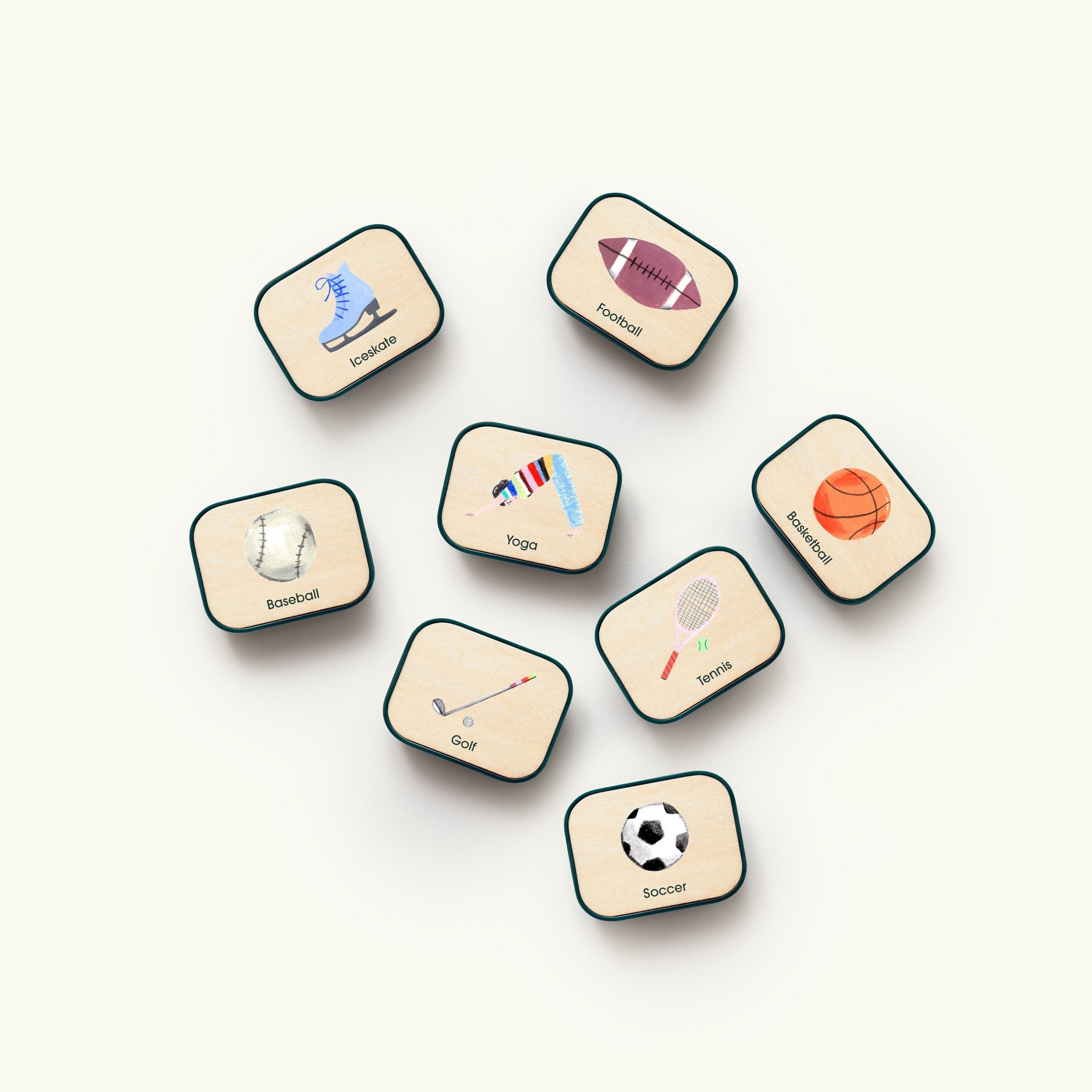 Set of wooden blocks with sports-themed illustrations on a white background