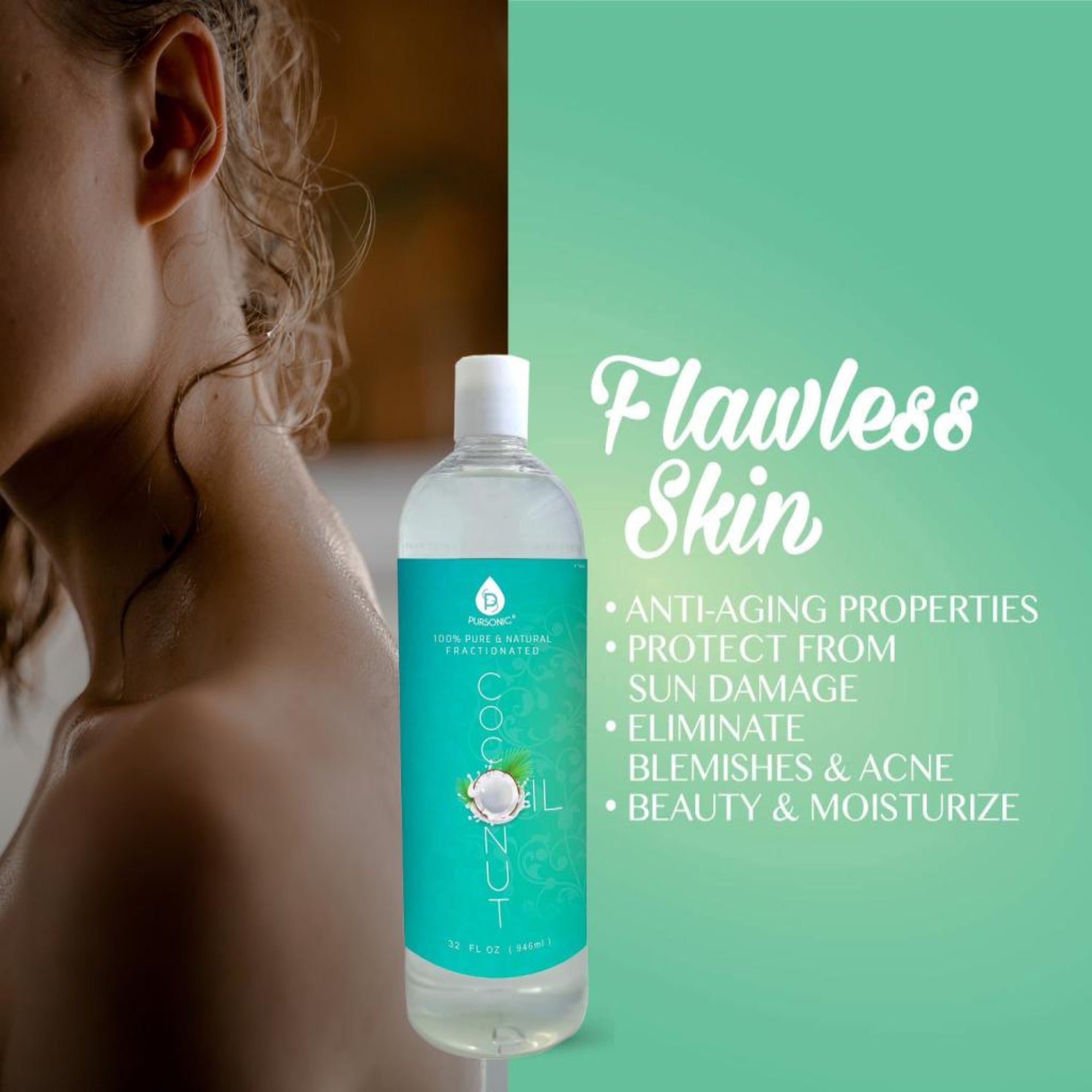 Pursonic 100% Pure Oil for Massages, Therapeutic Recipes & Essential Oils, Fractionated Coconut, 32 Fl Oz