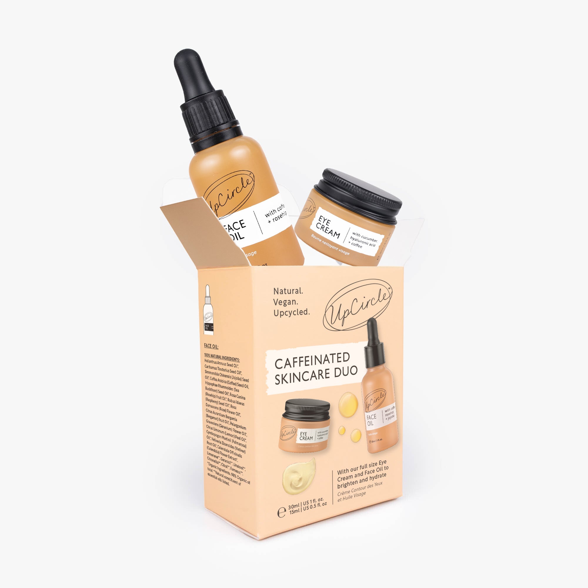 Upcircle Caffeinated Skincare Duo with face oil, eye cream, and packaging on a white background