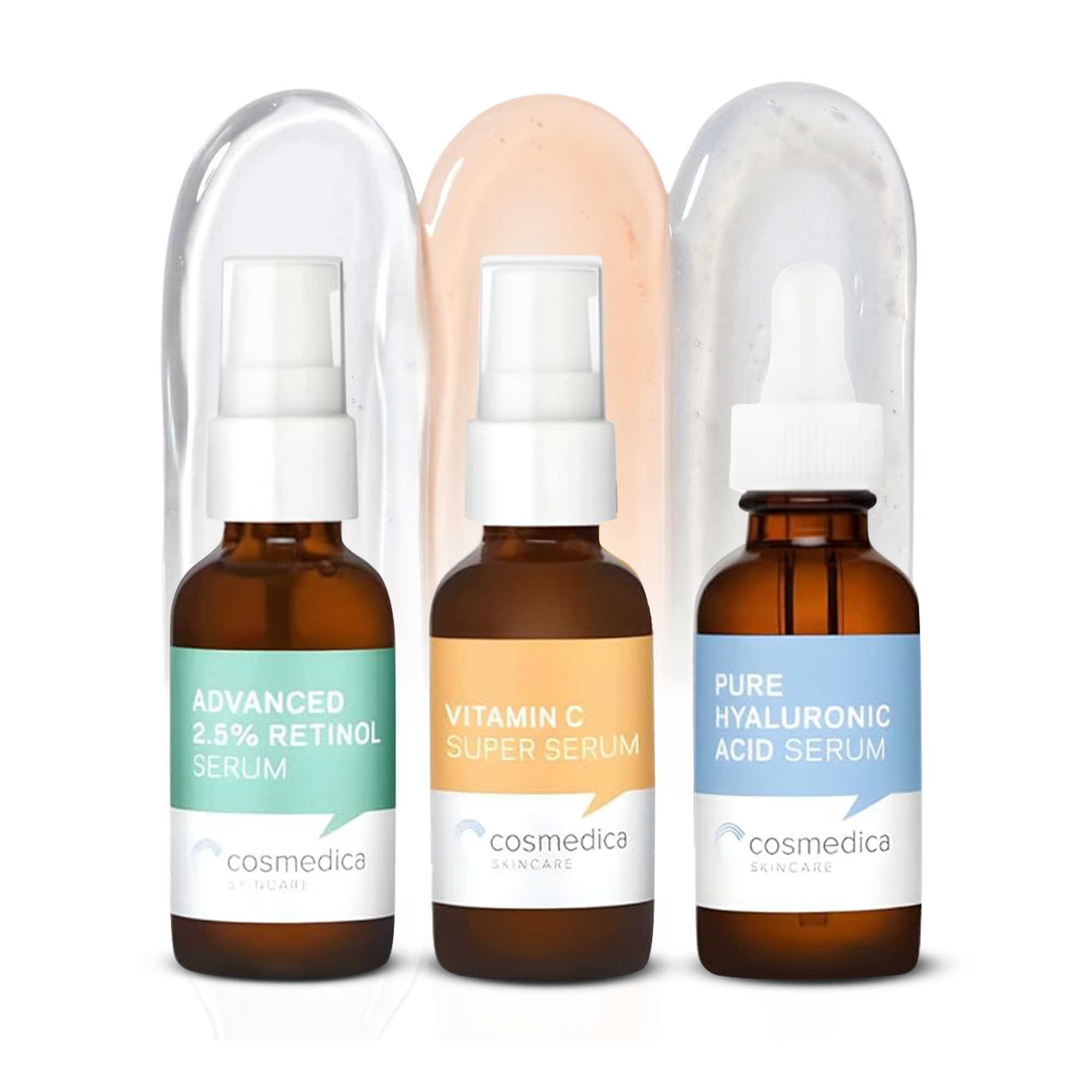 Three cosmetic serum bottles with labels on a white background