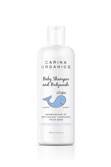 A white bottle of organic baby shampoo and body wash.