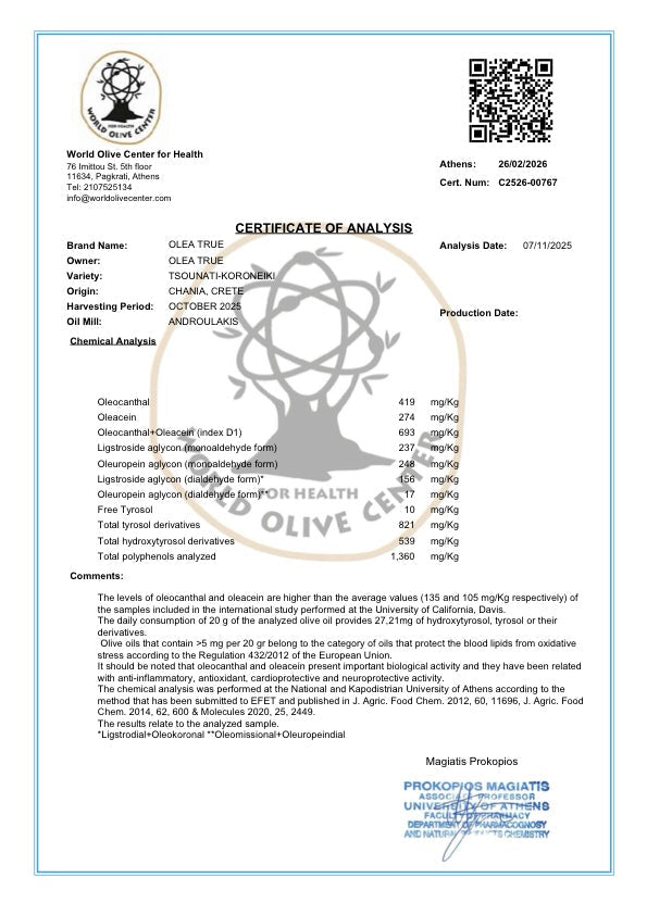 Olea True High Phenolic Olive Oil –  500ml (16.9 fl oz)