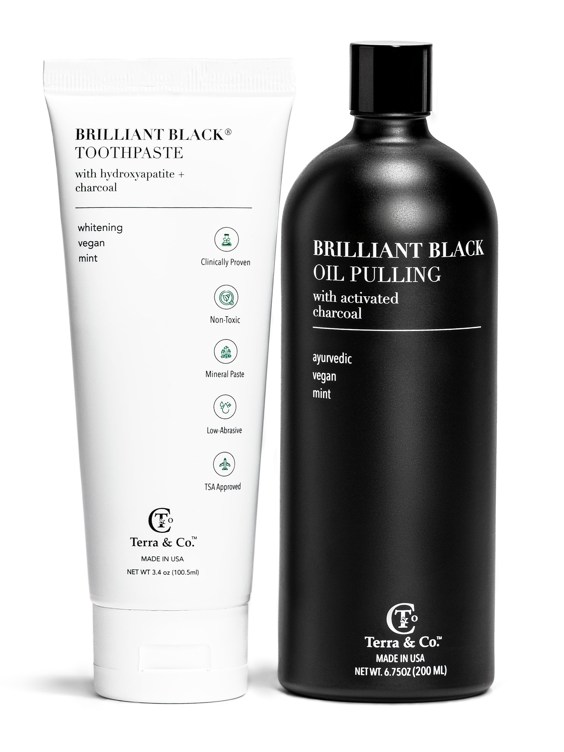 Terra & Co. Brilliant Black toothpaste and oil pulling product on a white background