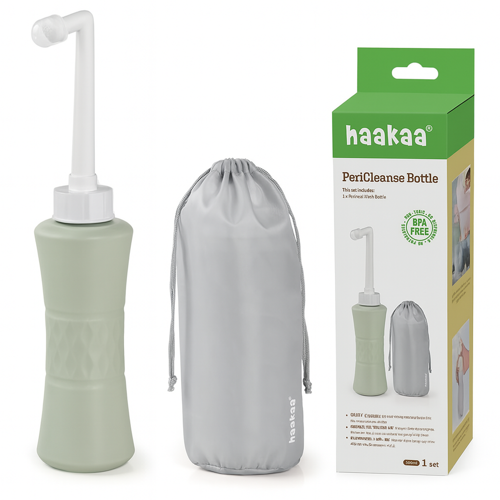 Haakaa PeriCleanse bottle with drawstring bag and packaging on a white background