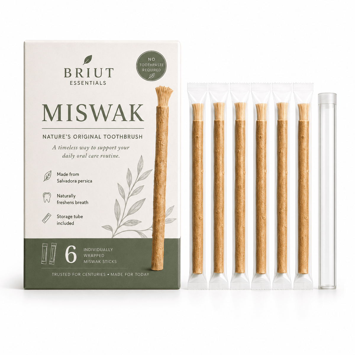 Briut Essentials Miswak toothbrush packaging box shown alongside six individually wrapped miswak sticks and a clear storage tube on a clean white background.
