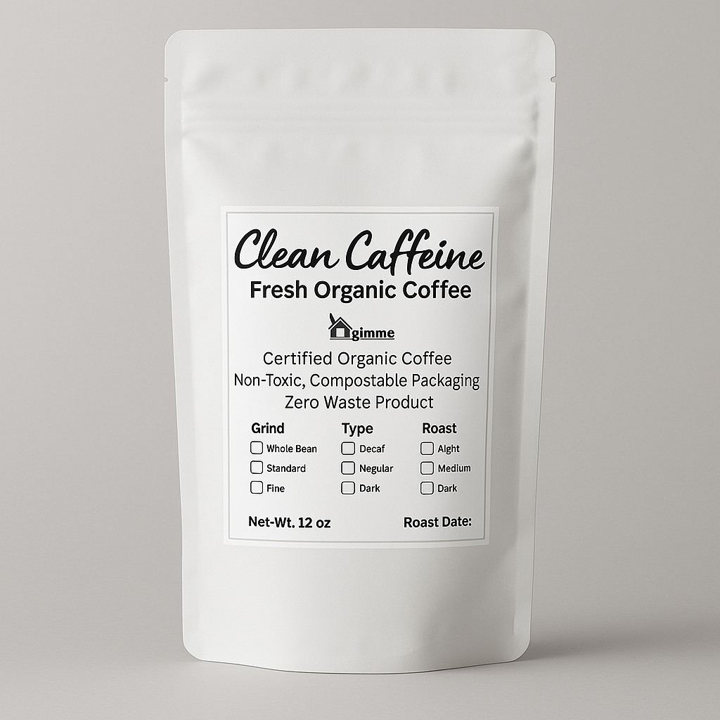 White coffee packaging with 'Clean Caffeine' label on a gray background