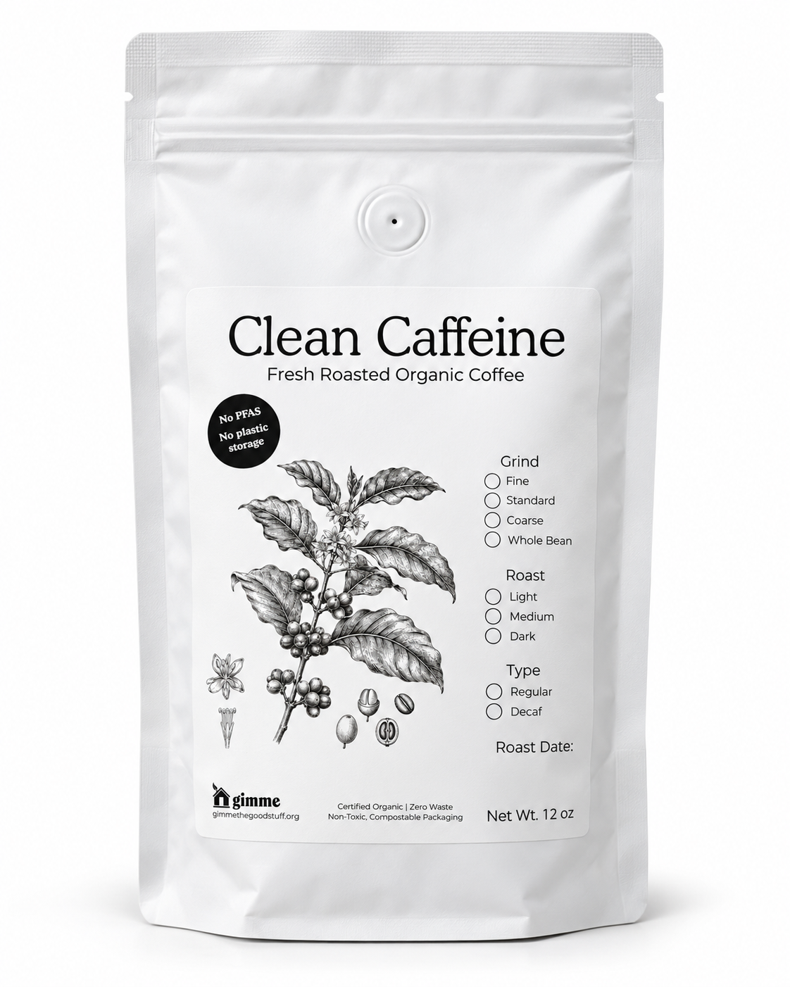 White Clean Caffeine coffee bag on a white background.