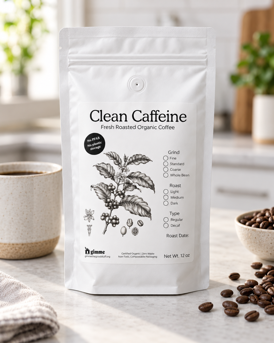 White Clean Caffeine coffee pouch displayed on a wooden countertop with a speckled coffee mug, wooden scoop of coffee beans, and soft kitchen background for a warm lifestyle product shot.