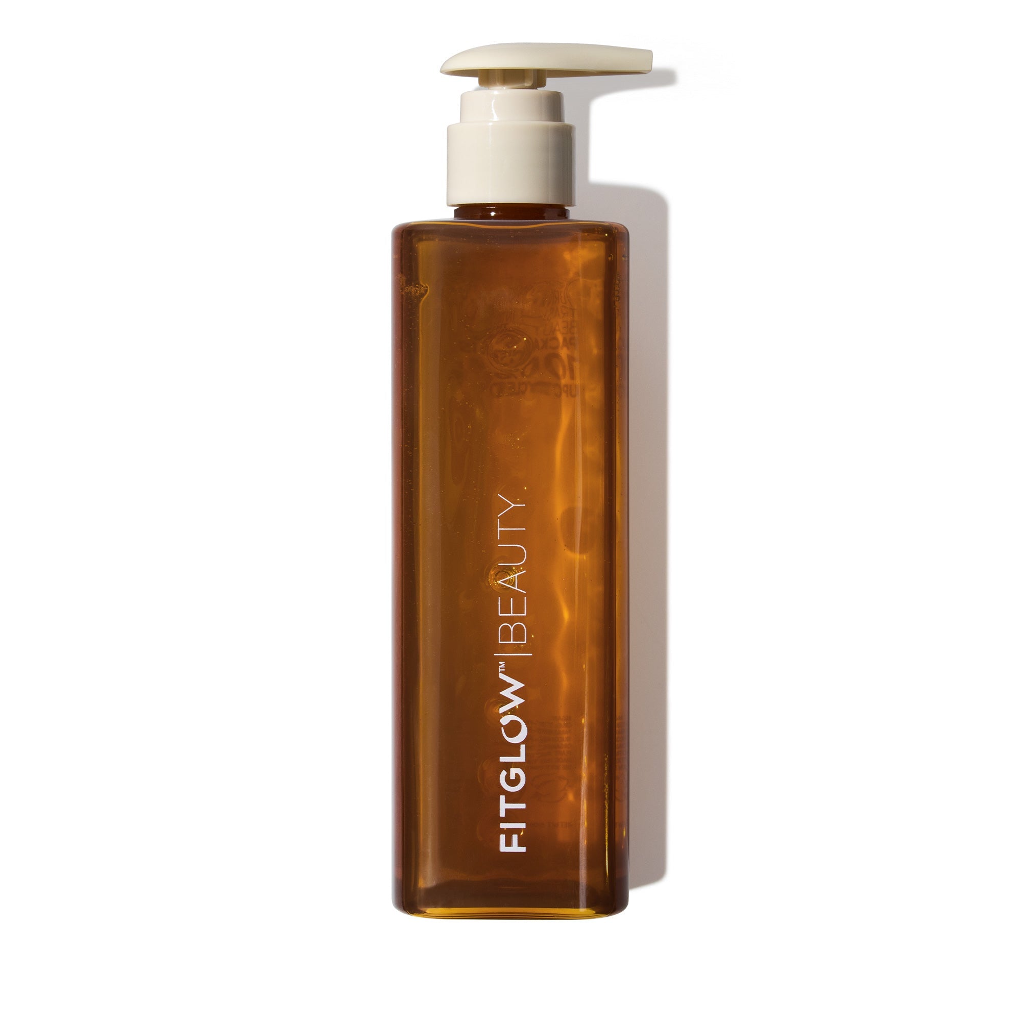 Brown bottle with pump dispenser labeled 'FITGLOW BEAUTY' on a white background