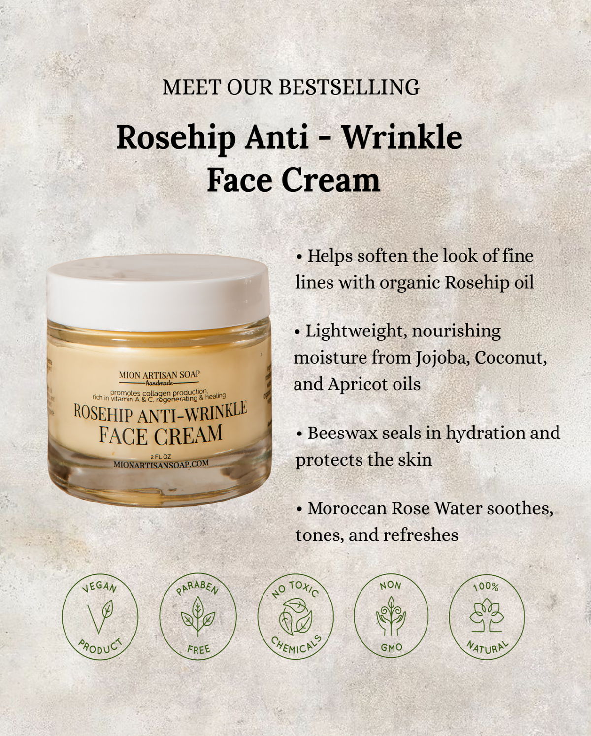 MION Artisan Soap Rosehip Anti-Wrinkle Face Cream | Light Texture | Rich in Vitamins A & C