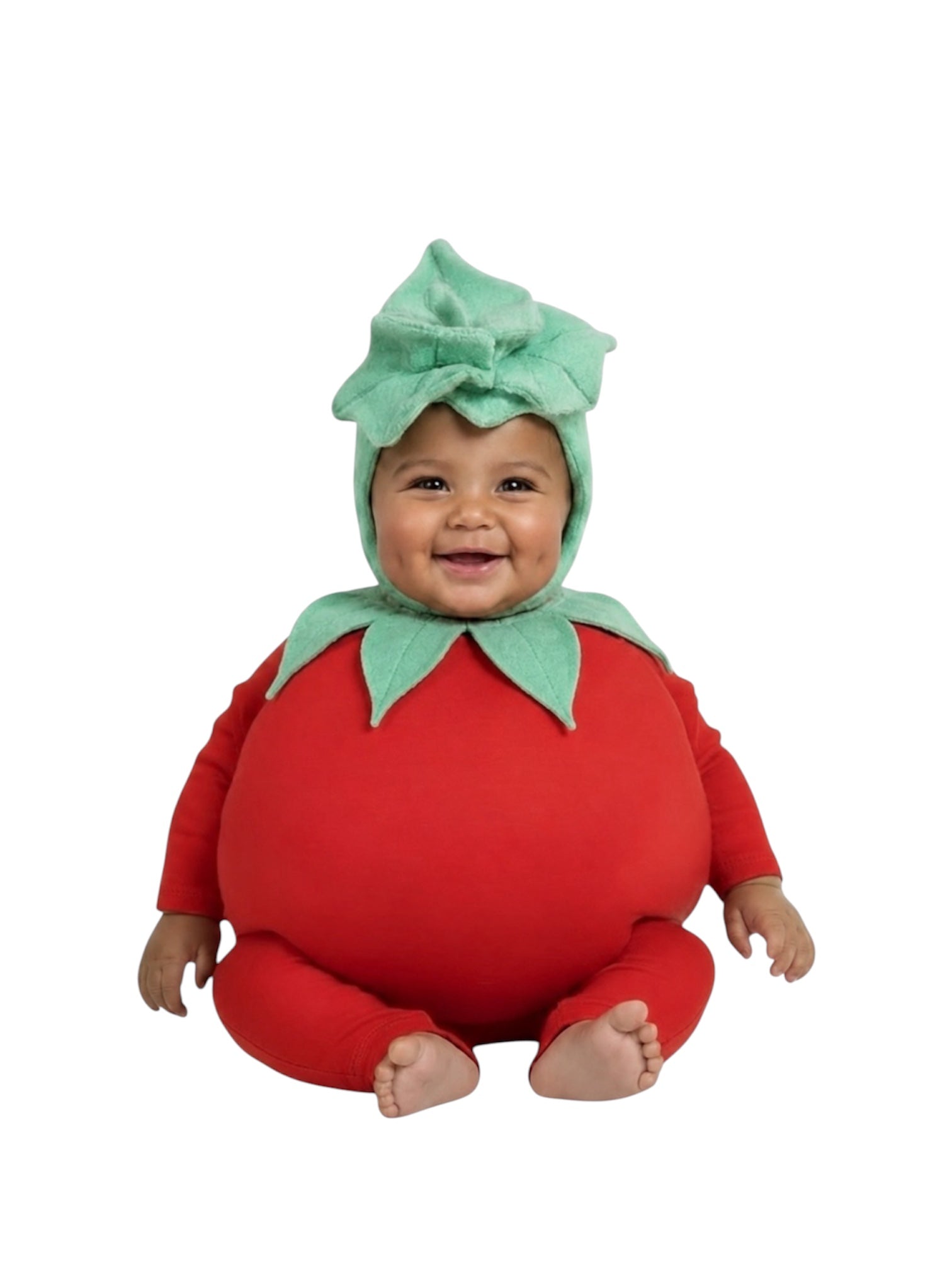 A baby wearing a red tomato costume with a green leafy collar and a green flower crown, sitting against a plain white background.