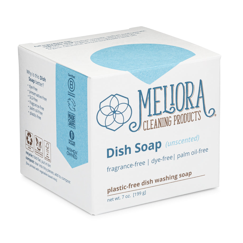 Box of Meliora dish soap on a white background