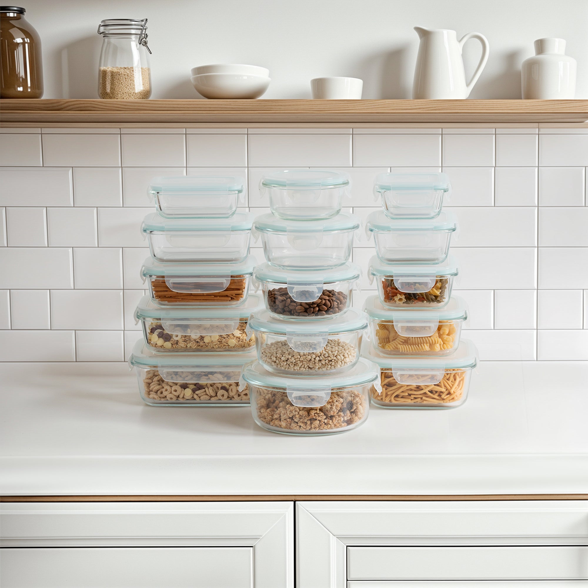 Stack of glass food storage containers on a kitchen counter with a tiled backsplash.