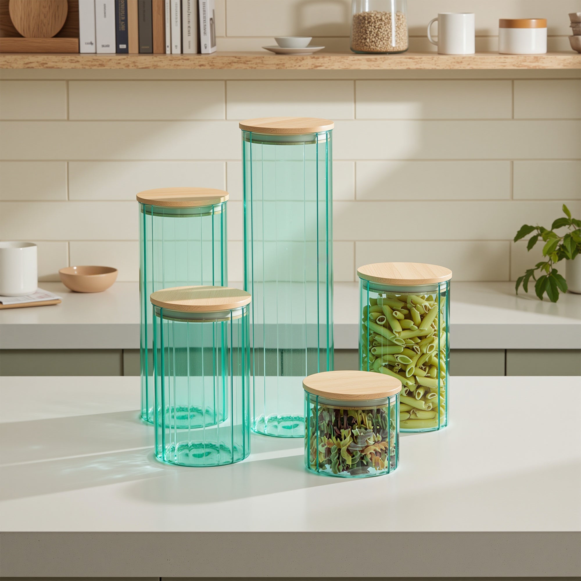 Set of transparent green kitchen storage jars with wooden lids on a kitchen counter.