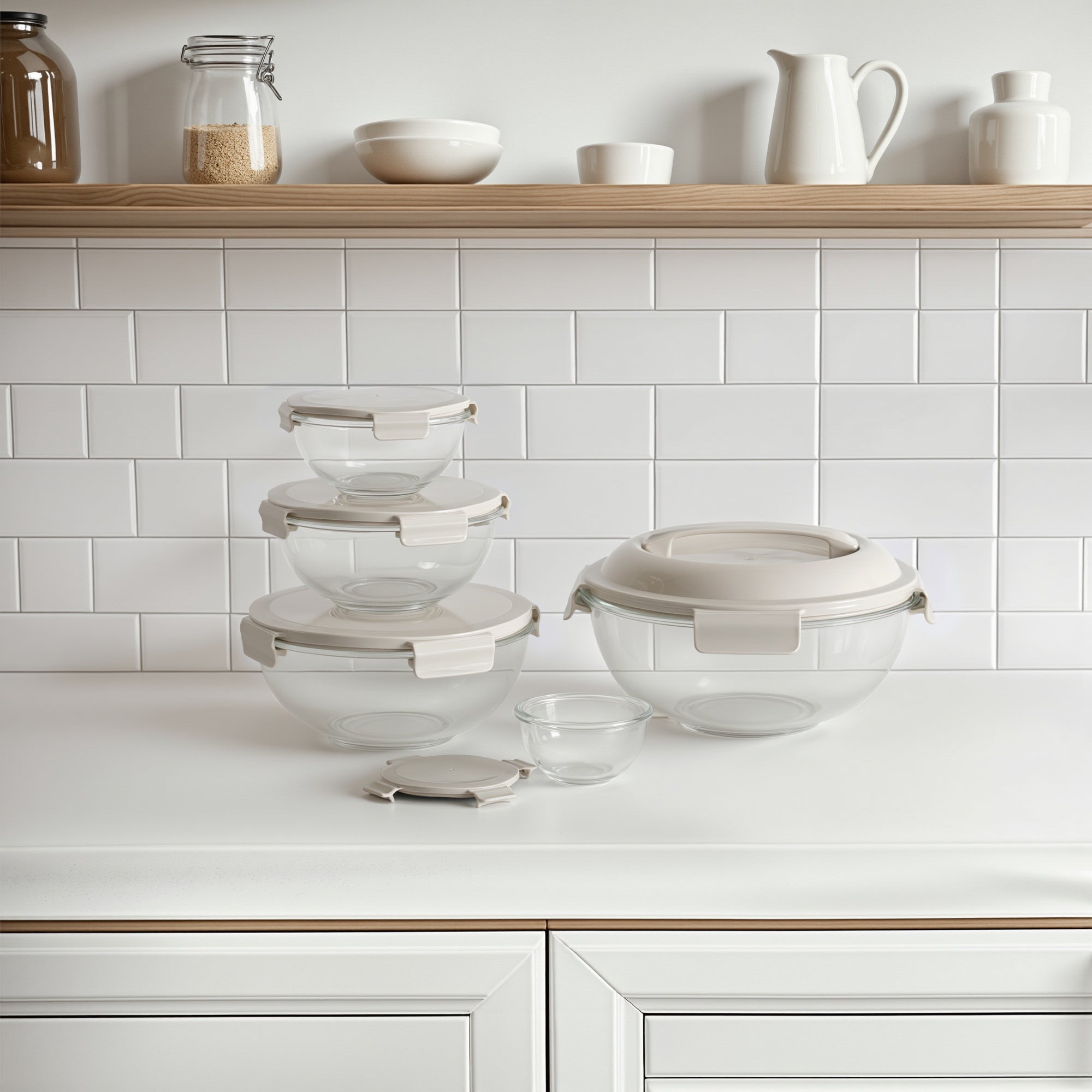 Set of glass bowls with silver lids on a kitchen counter.