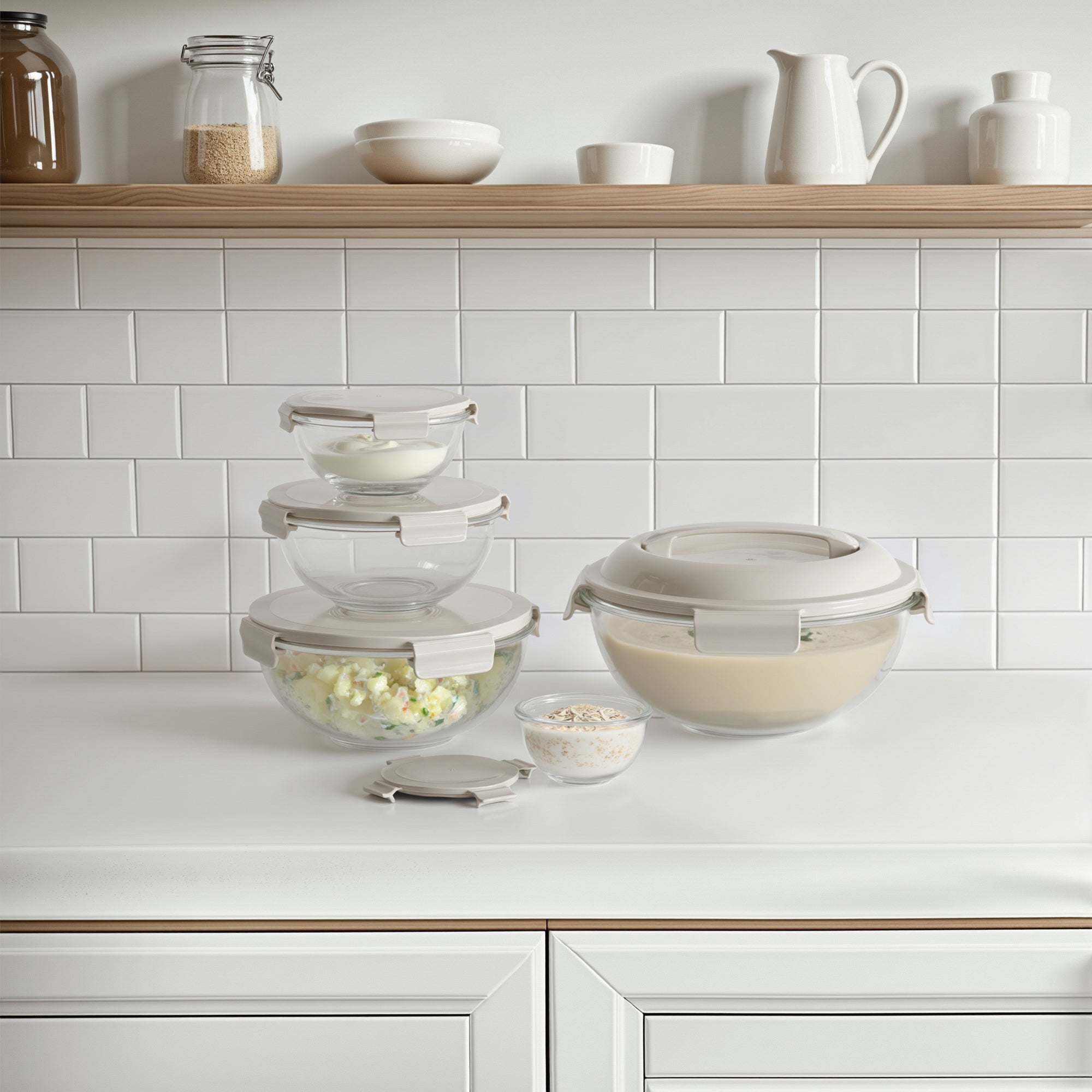 Set of glass food storage containers on a kitchen counter with a tiled backsplash.