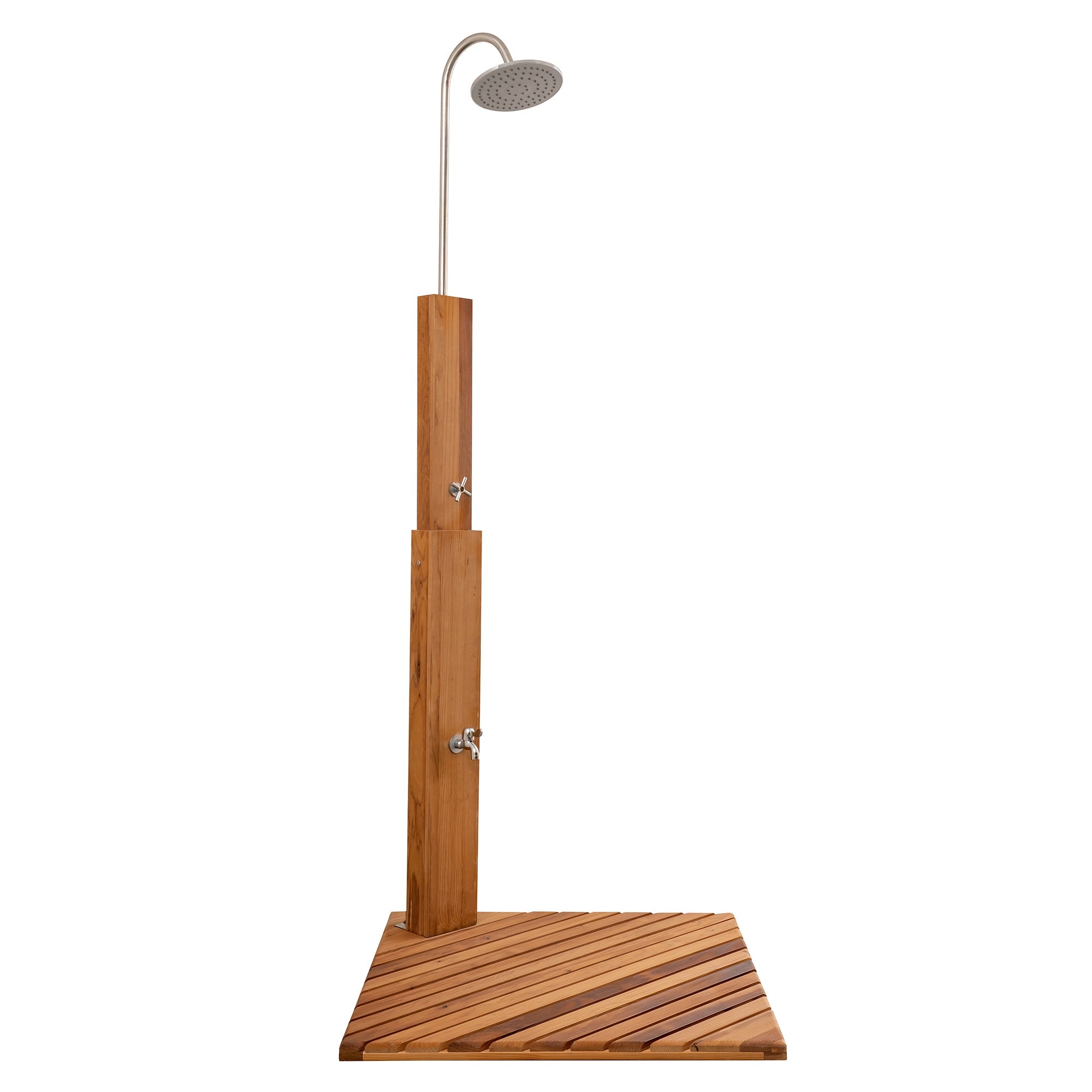 Wooden outdoor shower with a platform and shower head on a white background