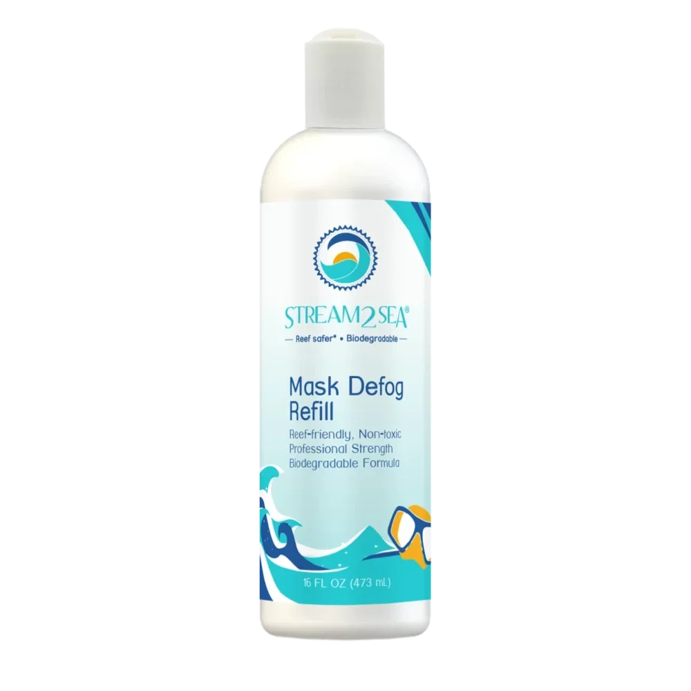 Mask defog refill bottle with 'Stream 2 Sea' branding on a white background