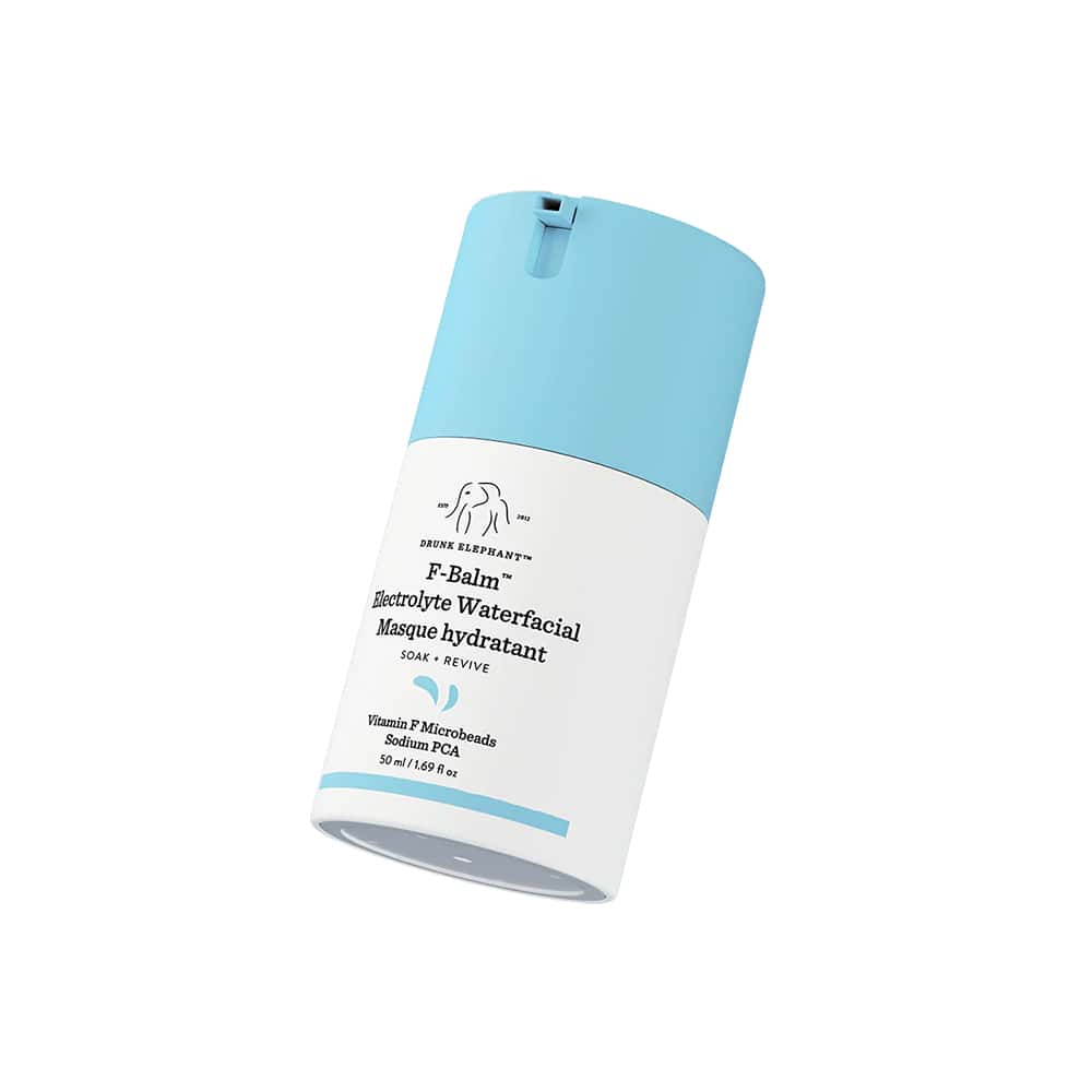 Skincare product with blue cap and white body on a white background