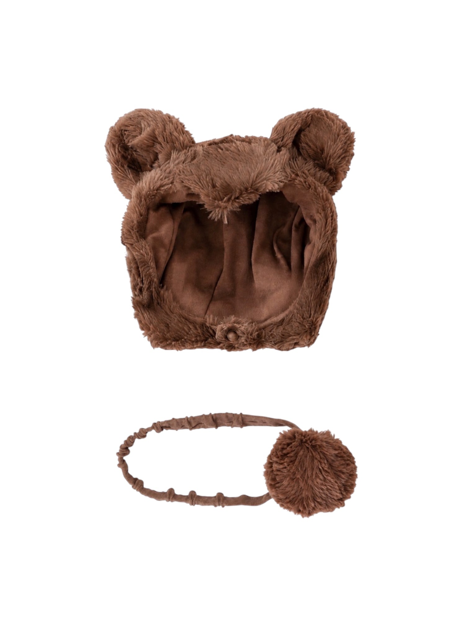 A brown plush bear-ear hood or hat with a matching ear loop and pom-pom, shown on a plain white background.