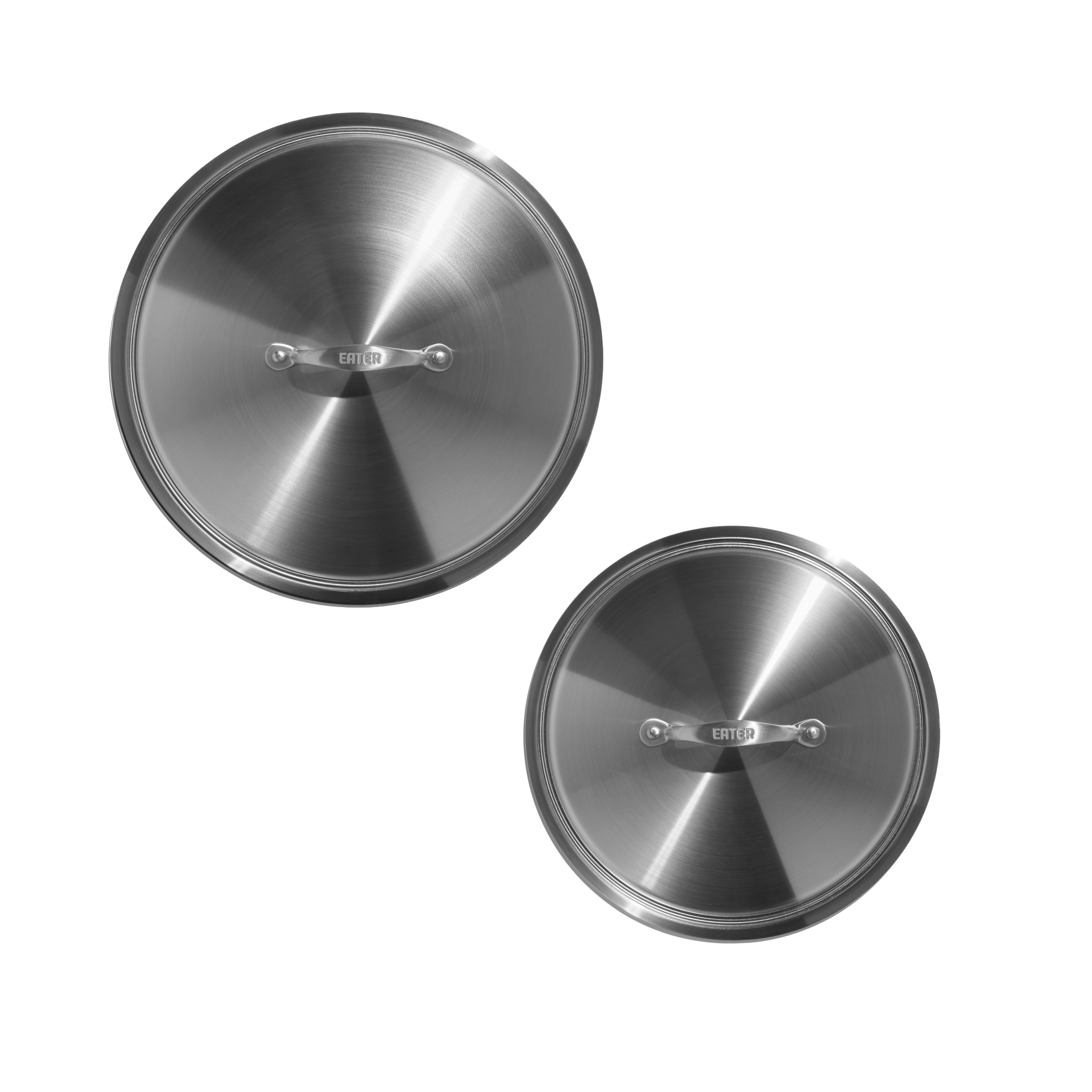 Two metallic silver covers with a brand logo on a white background