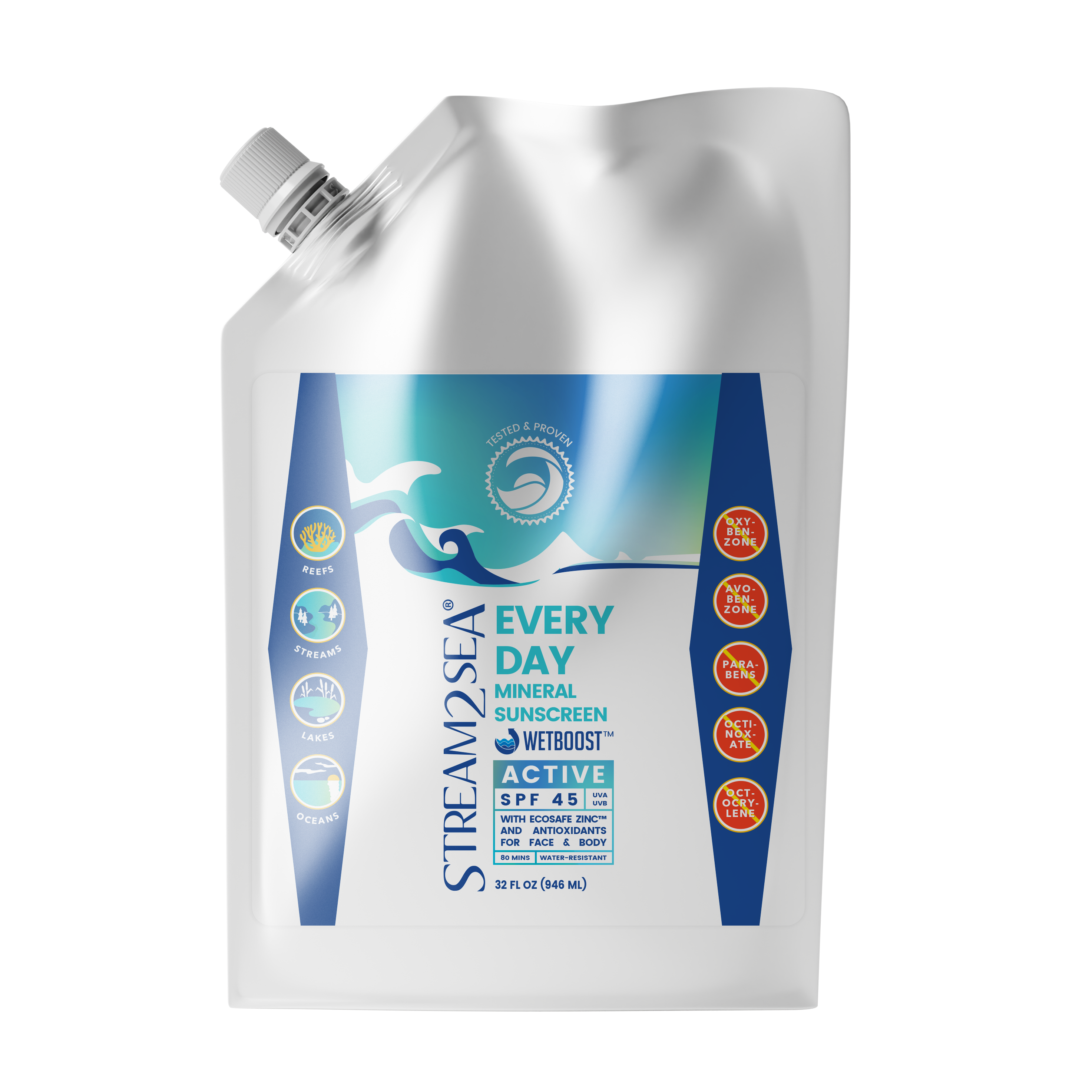 Stream2Sea Every Day Mineral Sunscreen WetBoost Active refill pouch on a white background