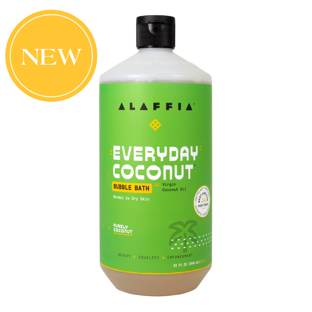 Alaffia Everyday Coconut bubble bath bottle with green label on a white background